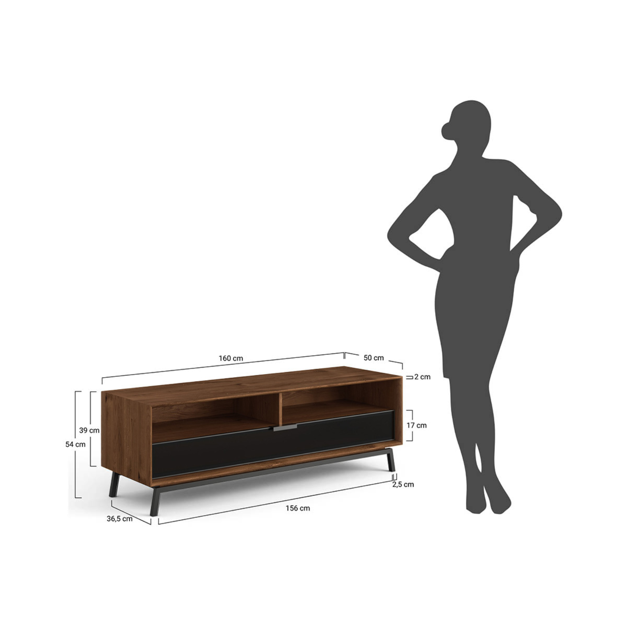 TV Kommode Modern Loft 160x50cm, Material: Massivholz Eiche