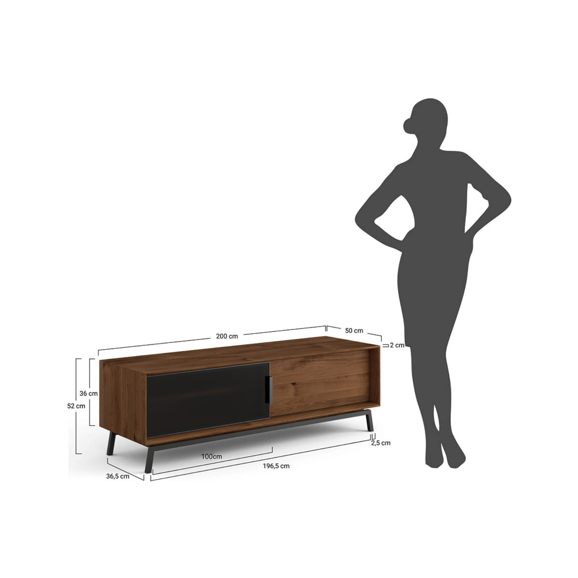 TV Kommode Modern Loft 200x50 cm mit Glas, Material: Massivholz Eiche