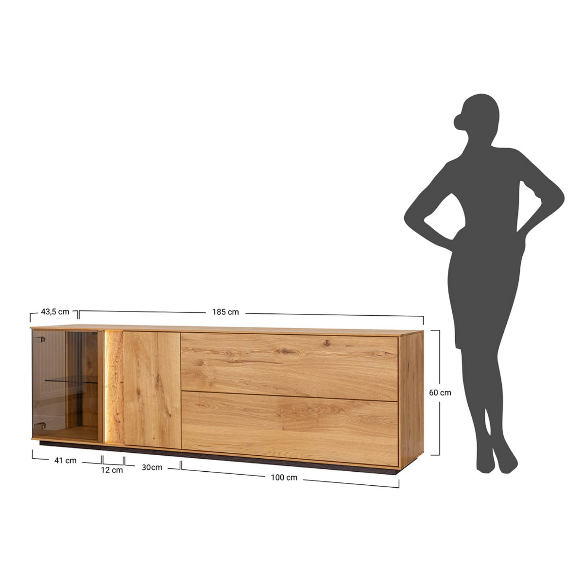 TV Kommode Collodi mit Glas, Material: Massivholz Eiche