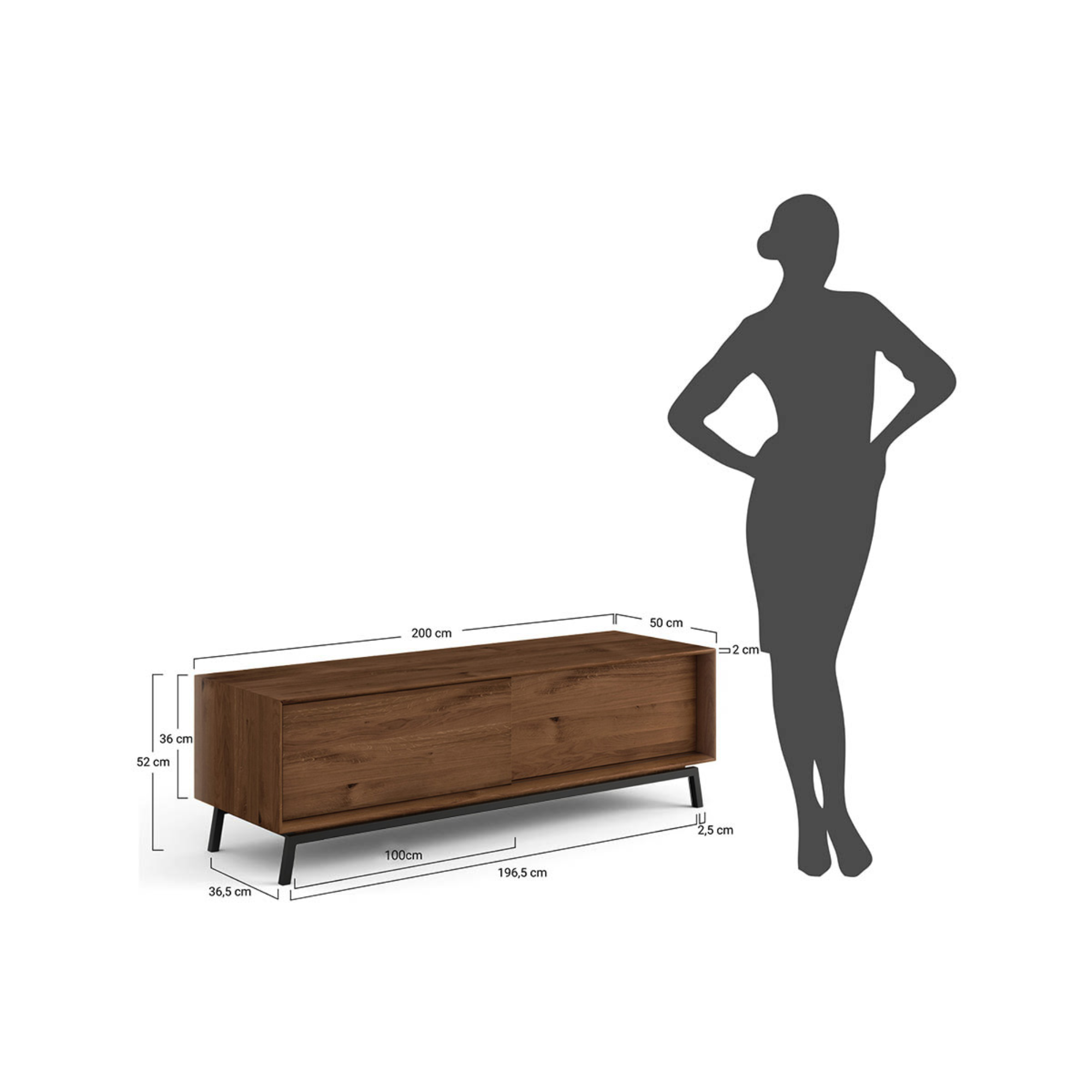 TV Kommode Modern Loft 200x50 cm, Material: Massivholz Eiche