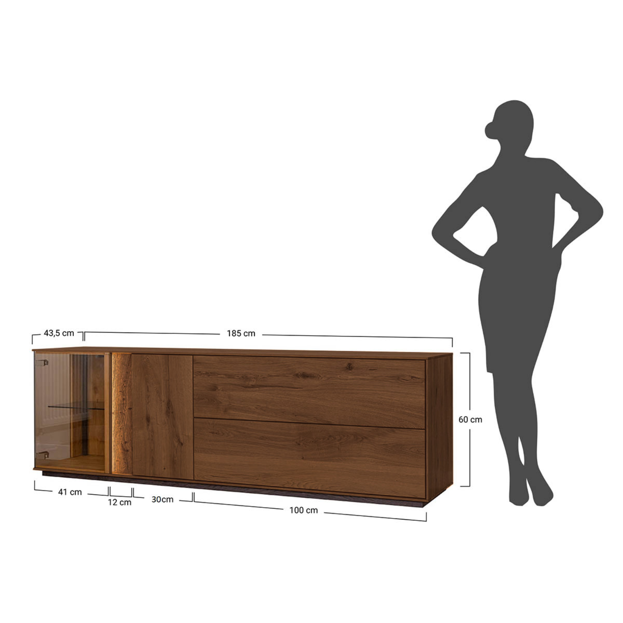 TV Kommode Collodi mit Glas, Material: Massivholz Eiche