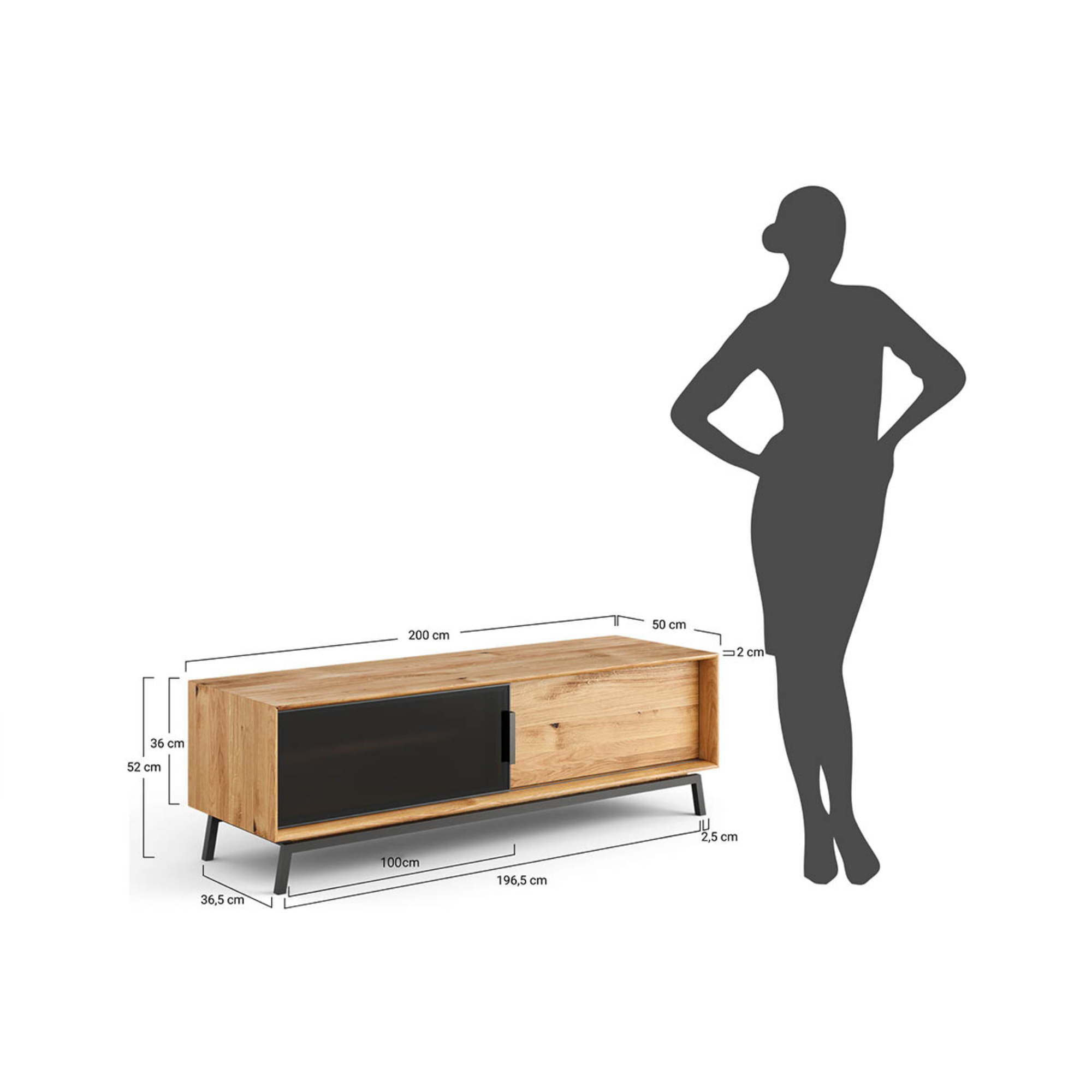 TV Kommode Modern Loft 200x50 cm mit Glas, Material: Massivholz Eiche