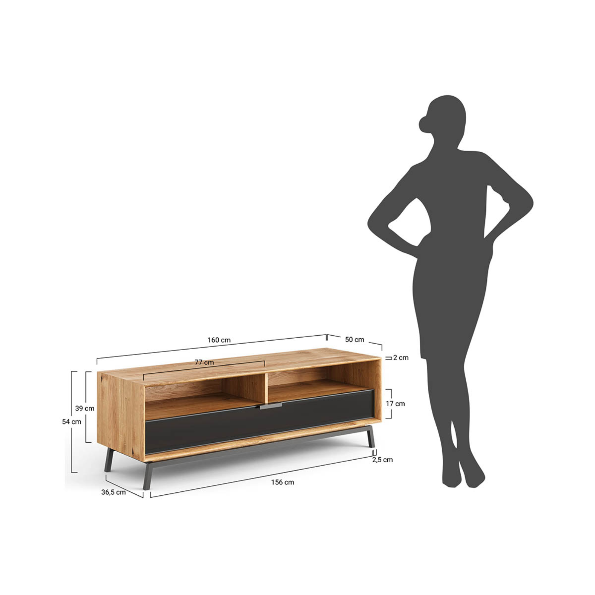TV Kommode Modern Loft 160x50cm, Material: Massivholz Eiche