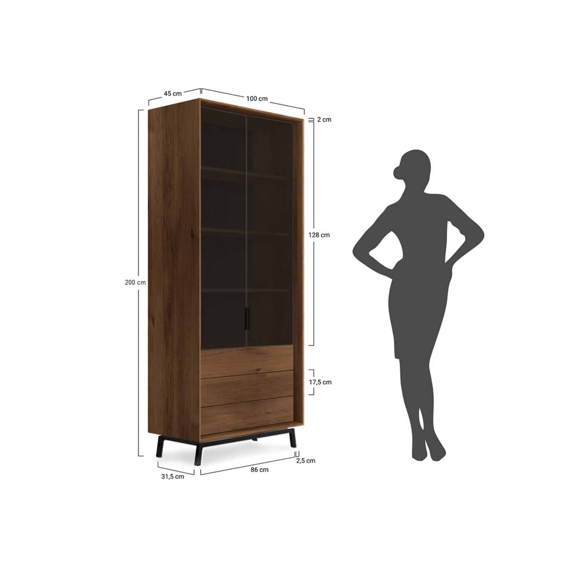Vitrine Modern Loft 45x200cm, Material: Massivholz Eiche