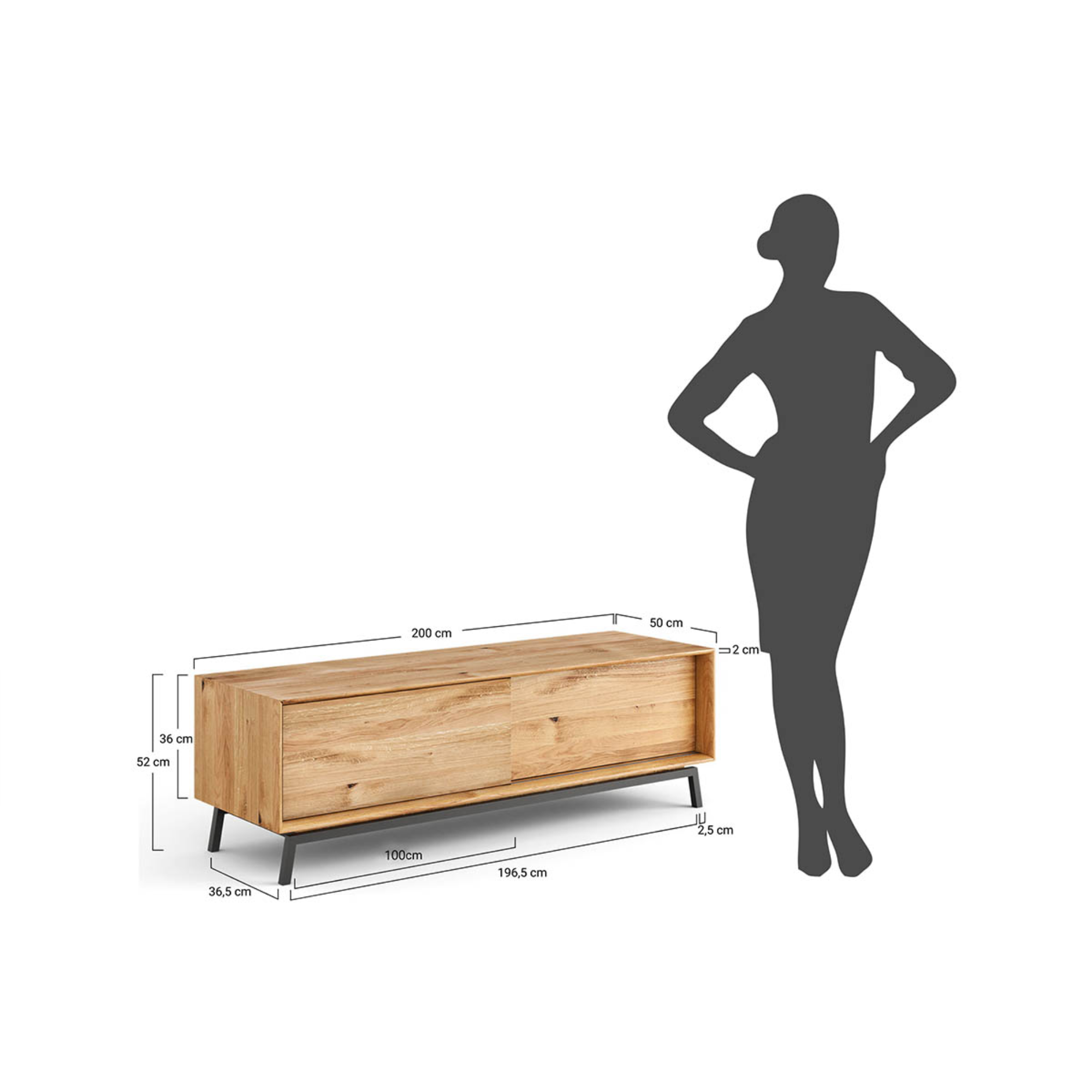 TV Kommode Modern Loft 200x50 cm, Material: Massivholz Eiche