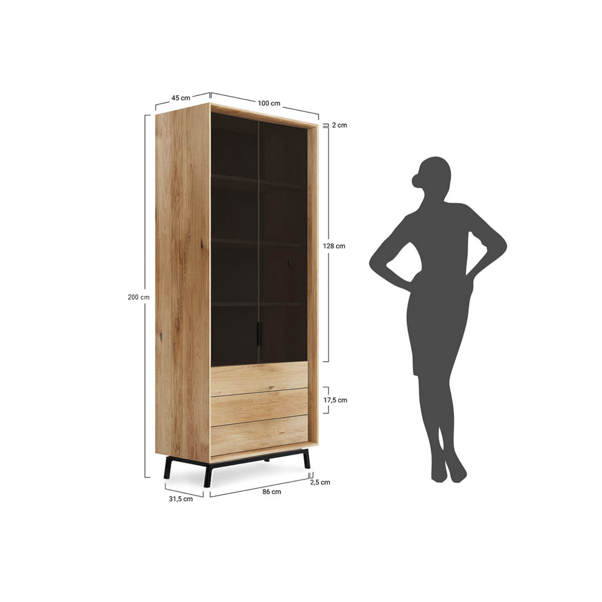 Vitrine Modern Loft 45x200cm, Material: Massivholz Eiche