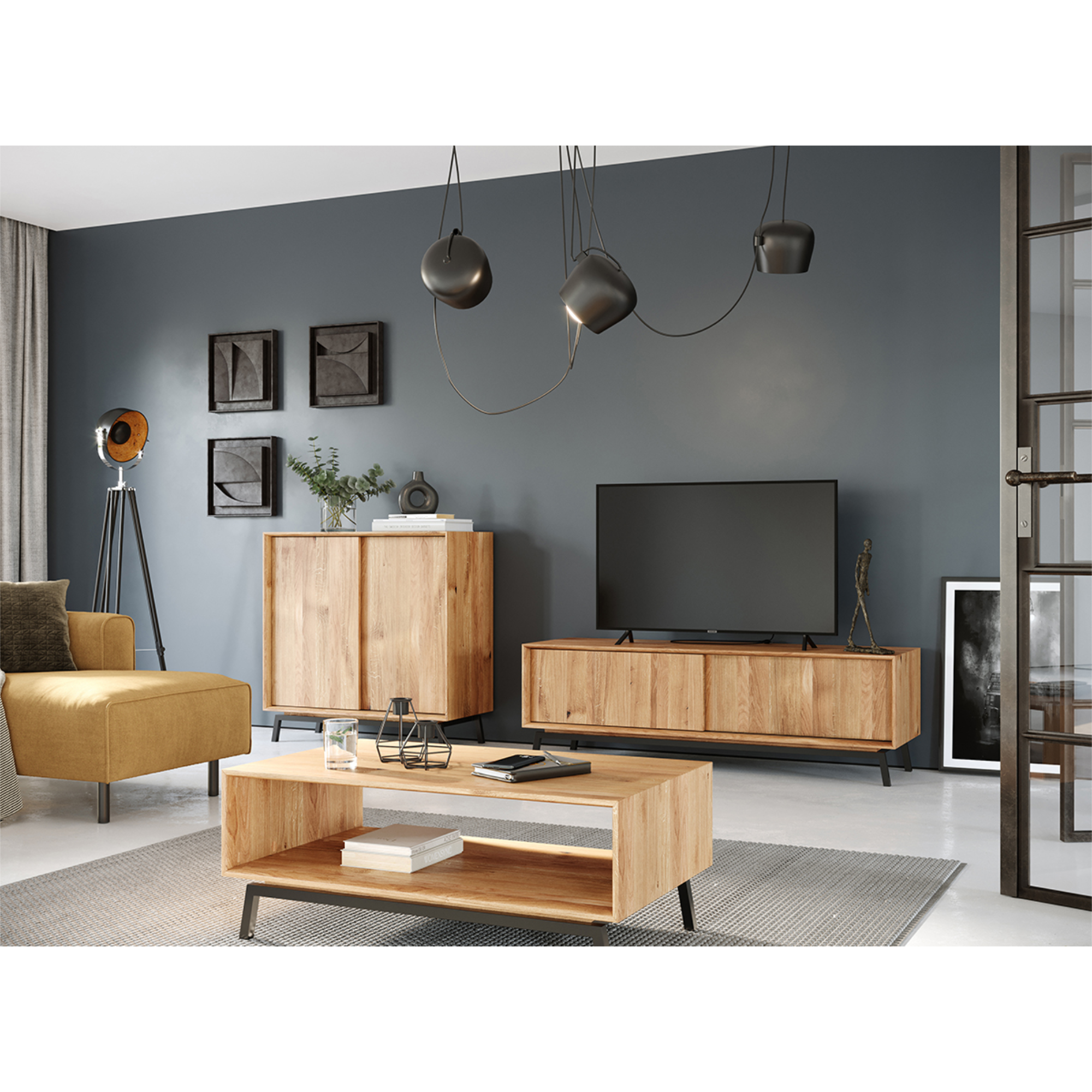 TV Kommode Modern Loft 200x50 cm, Material: Massivholz Eiche