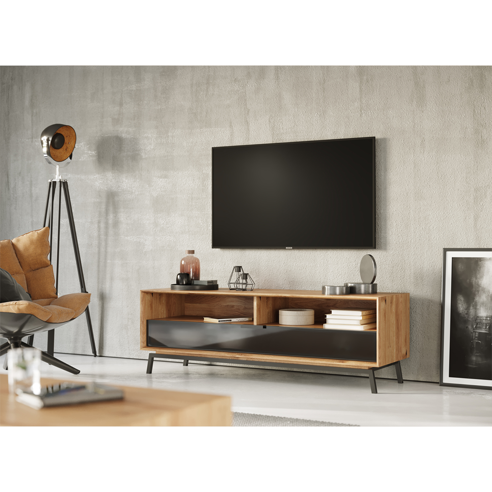 TV Kommode Modern Loft 160x50cm, Material: Massivholz Eiche