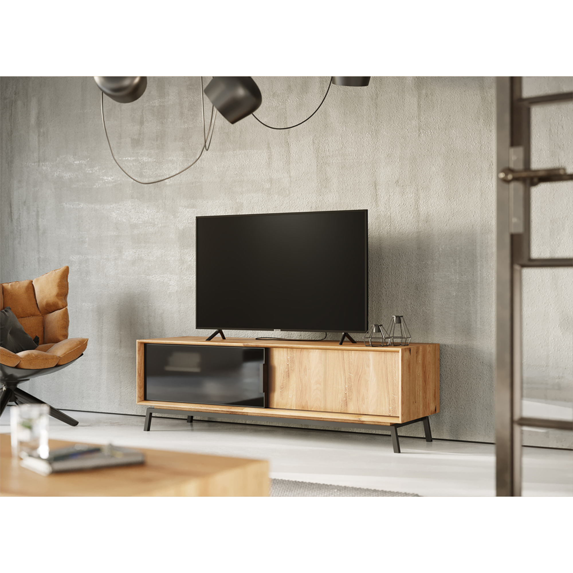 TV Kommode Modern Loft 200x50 cm mit Glas, Material: Massivholz Eiche