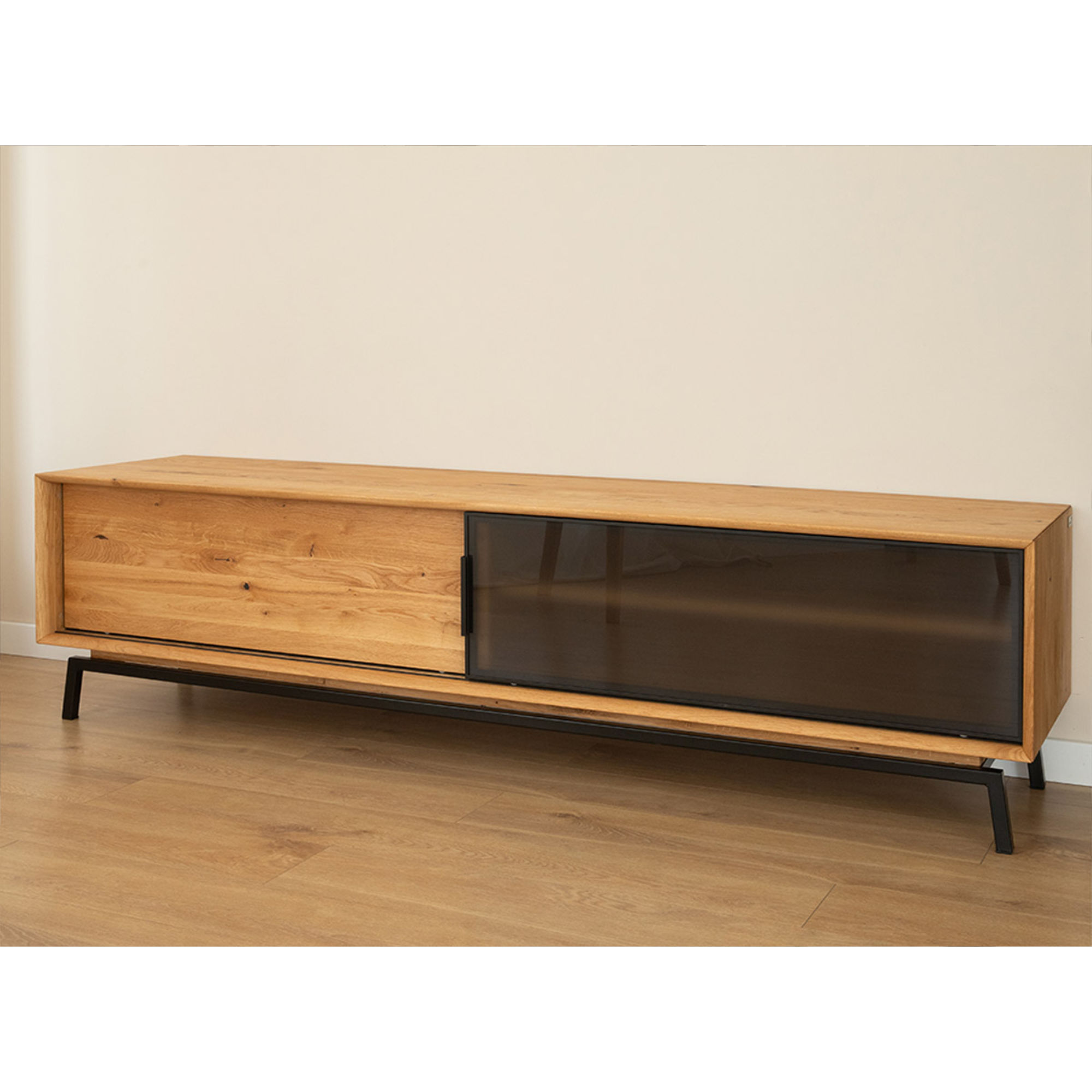 TV Kommode Modern Loft 200x50 cm mit Glas, Material: Massivholz Eiche