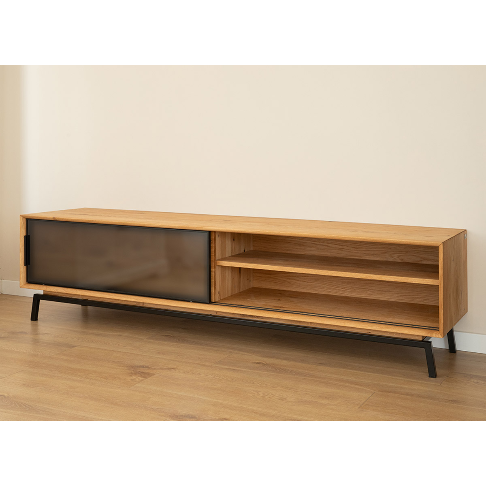 TV Kommode Modern Loft 200x50 cm mit Glas, Material: Massivholz Eiche