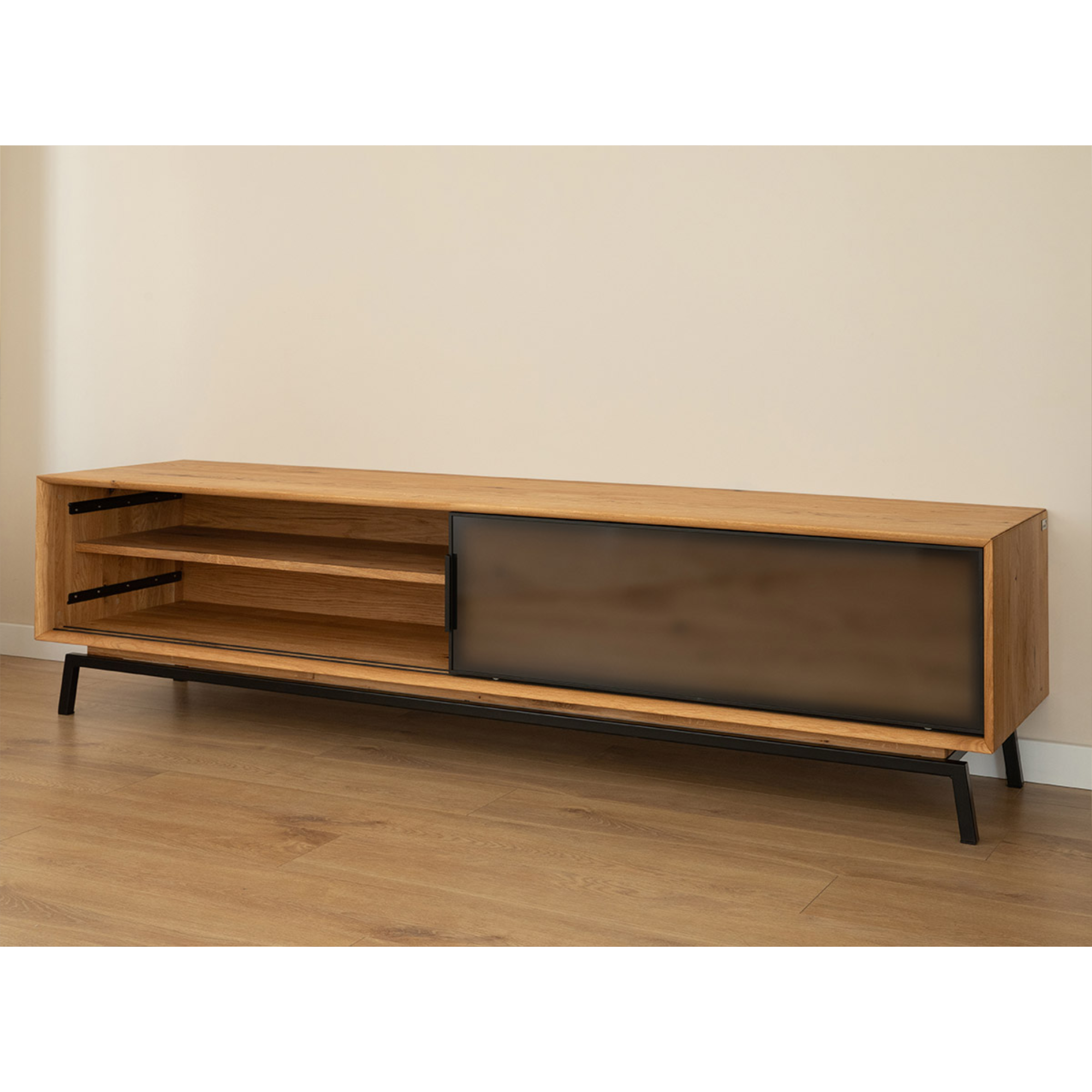 TV Kommode Modern Loft 200x50 cm mit Glas, Material: Massivholz Eiche