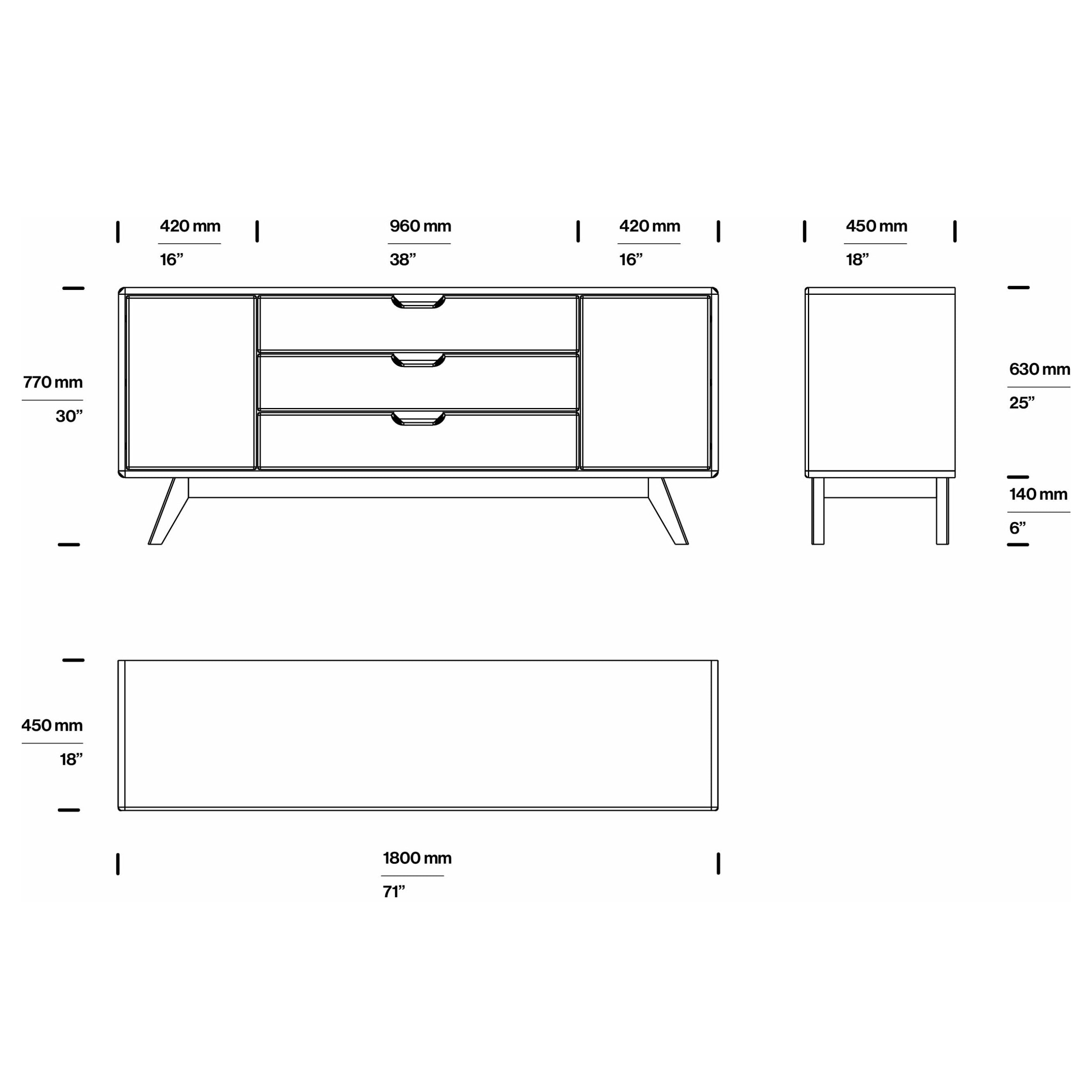 TV-Kommode Modena 180x45 cm, Material: Massivholz Eiche