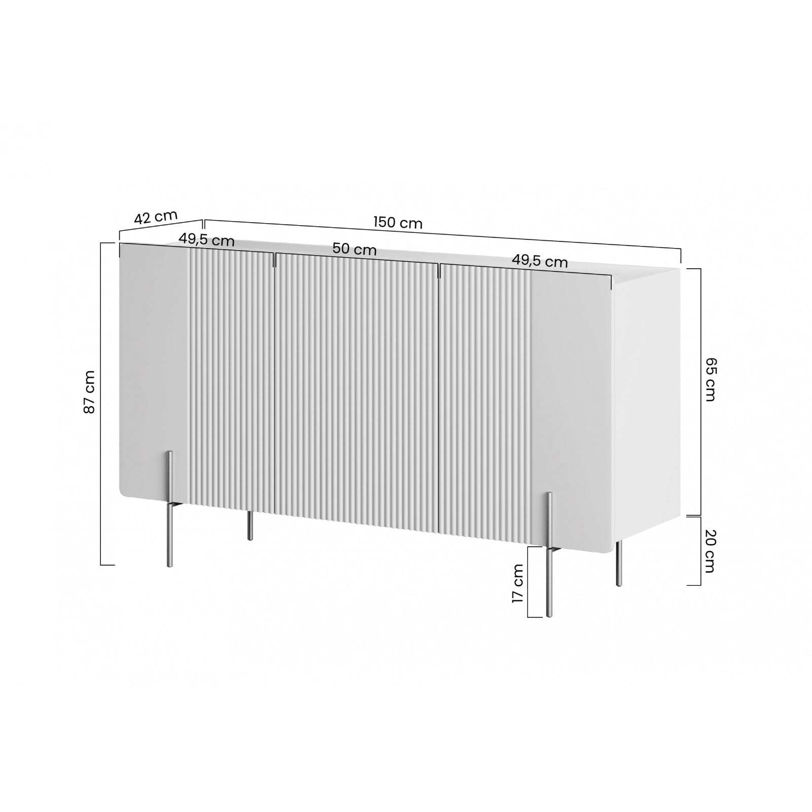 Malmi Kommode 150 cm, 3 Türen und 3 Einlegeböden, Material: MDF