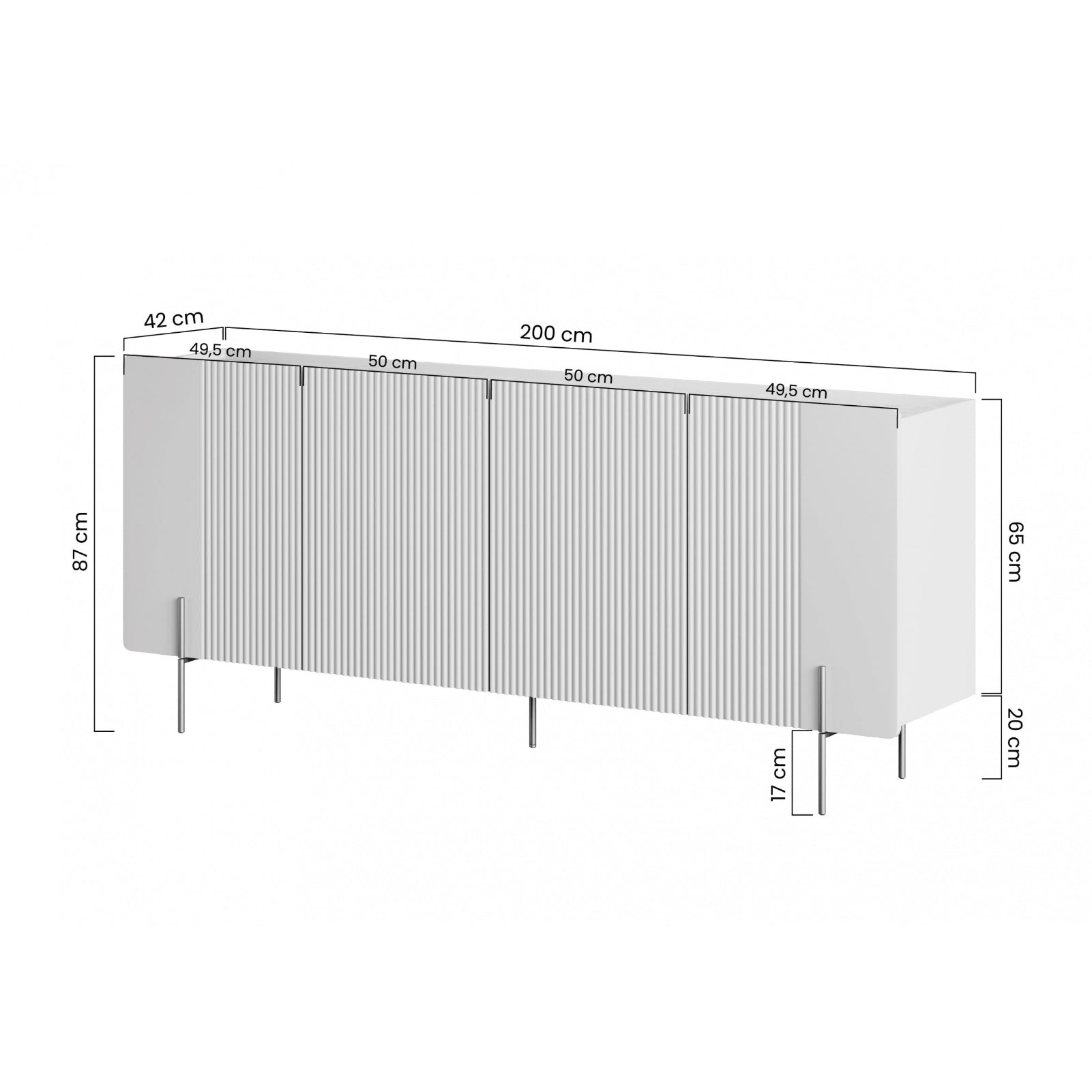 Malmi Kommode 200 cm, 4 Türen und 4 Einlegeböden, Material: MDF