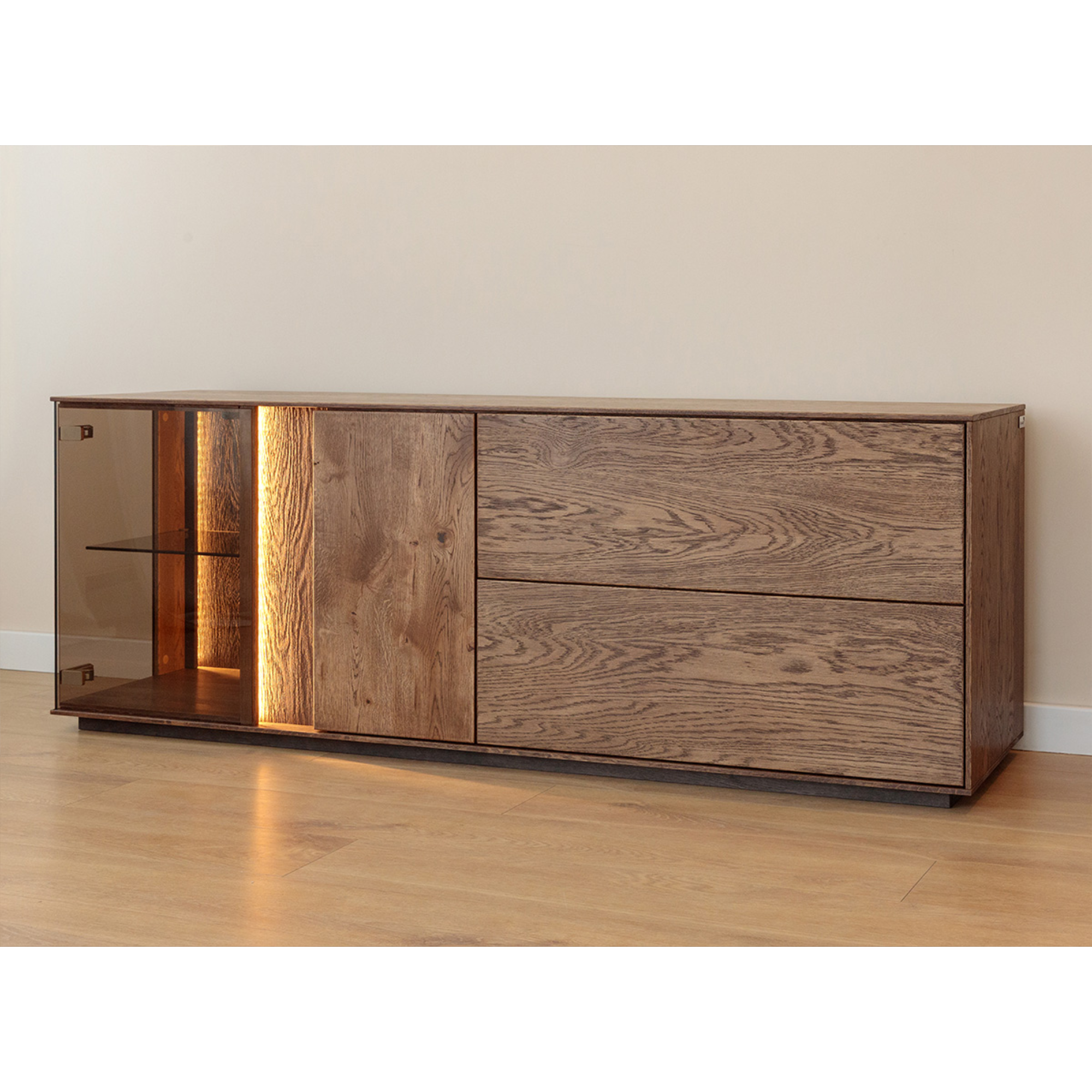 TV Kommode Collodi mit Glas, Material: Massivholz Eiche