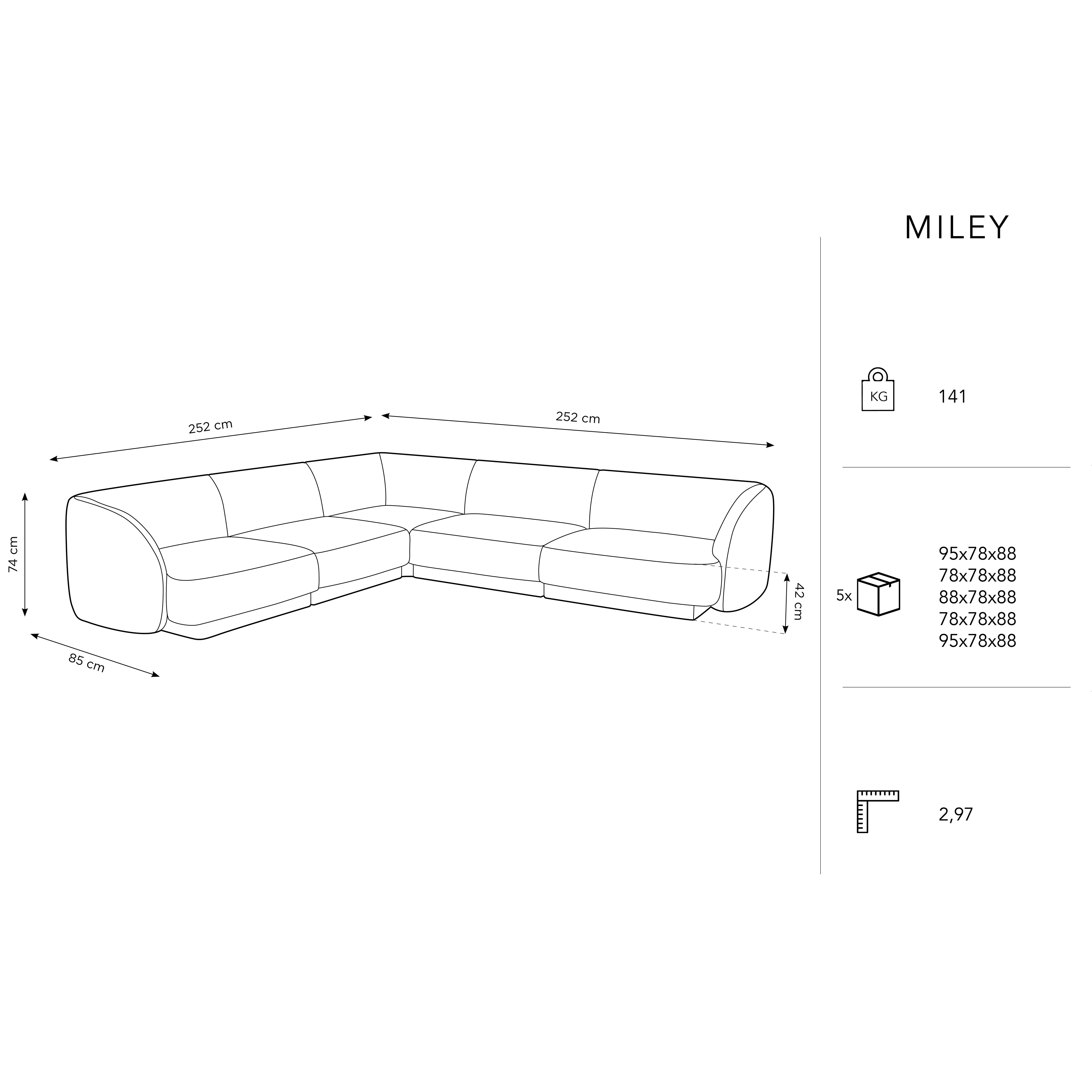 Ecksofa Miley Symmetrisch, 255x255cm, Material: Samt