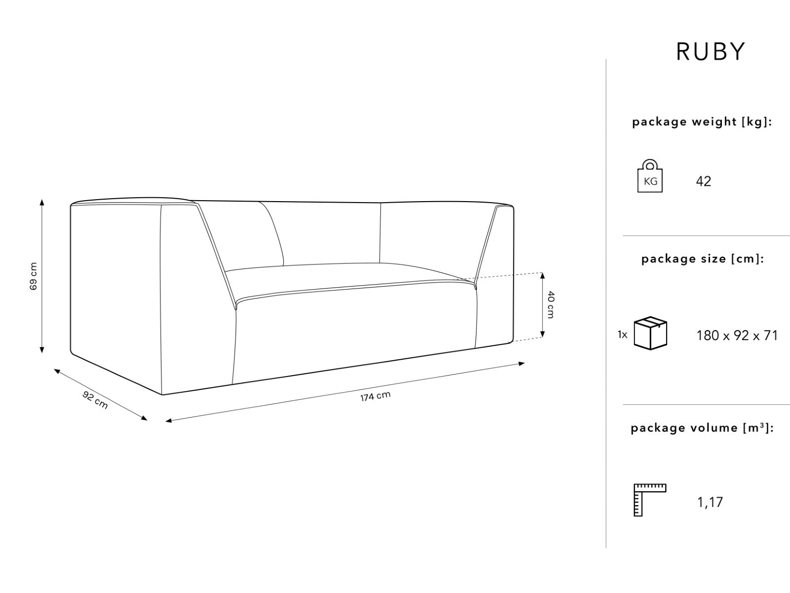 Sofa Ruby 2 Sitze, 174x93cm, Material: Samt