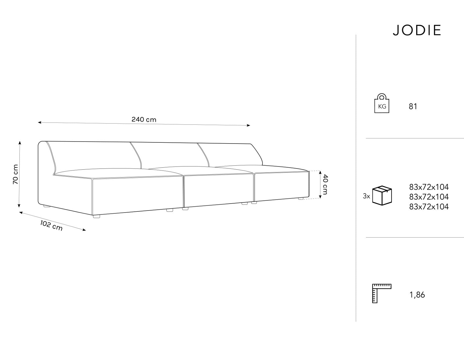 Jodie Sofa 240x102cm, 3 Sitze, Material: Strukturstoff