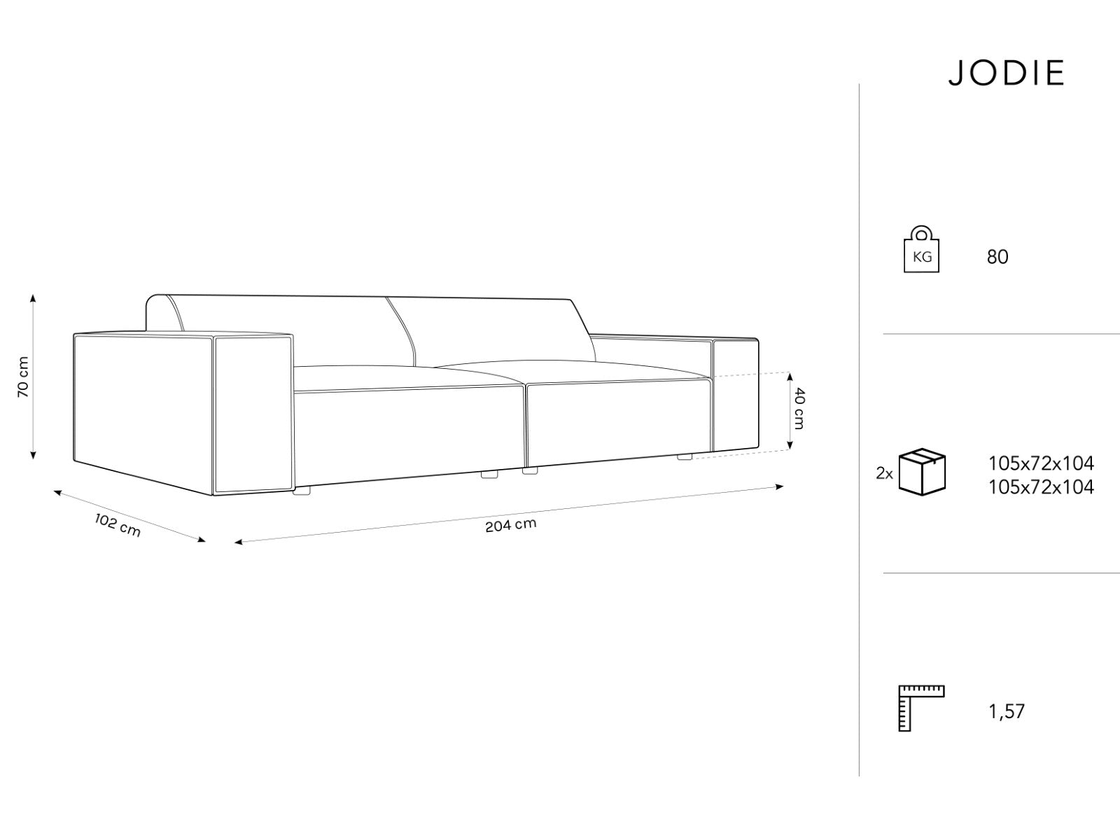 Jodie Sofa, 3 Sitze 204x102cm, Material: Samt