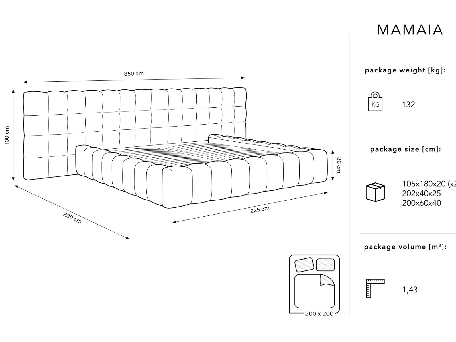 Mamaia Bettgestell mit doppeltem Kopfteil und Staufach