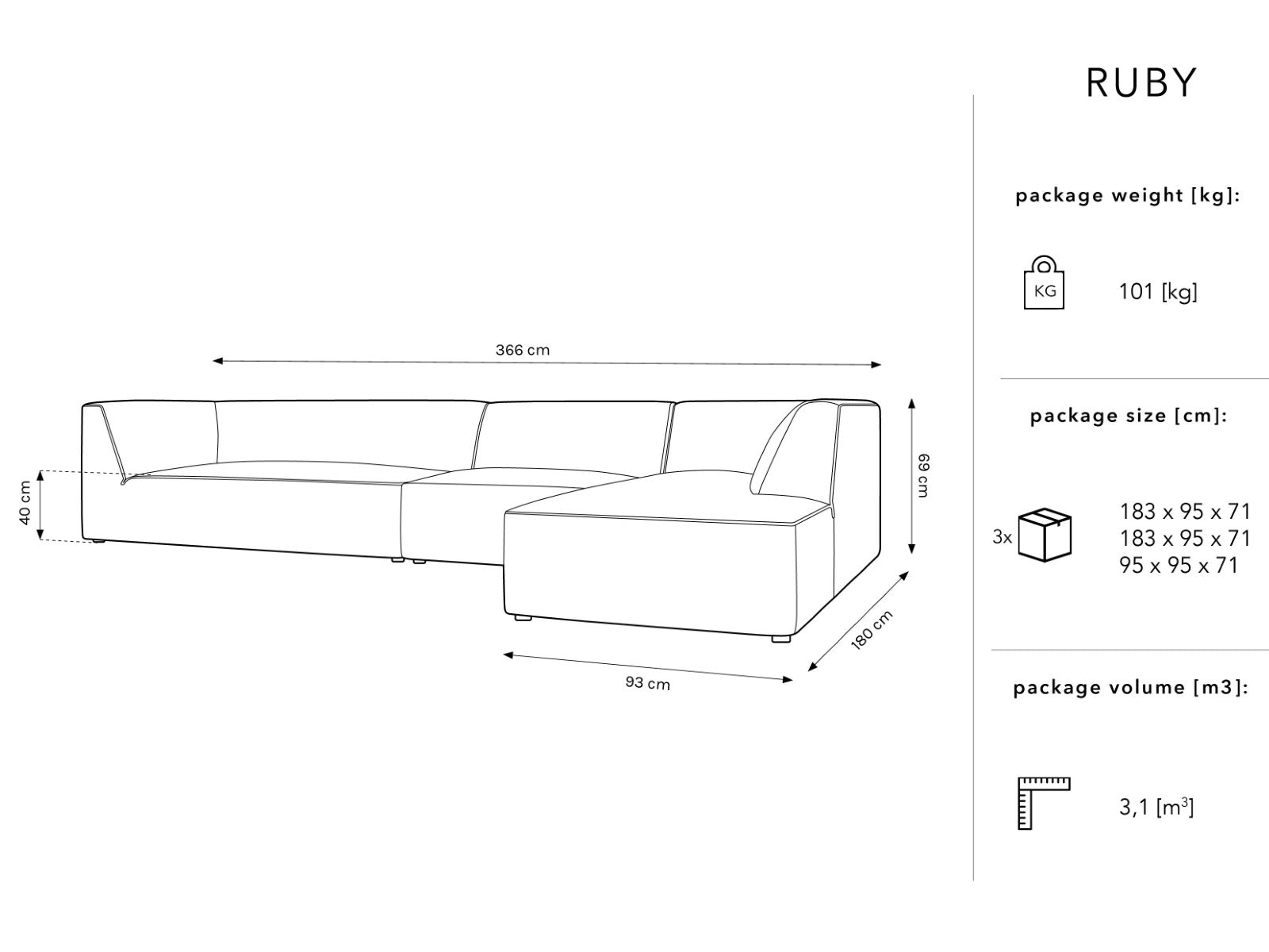 Ecksofa Ruby, 5 Sitze, 366x180cm, Material: Samt