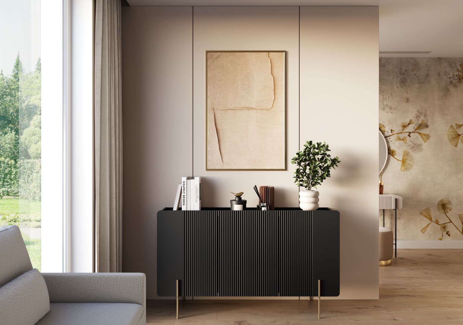 Malmi Kommode 150 cm, 3 Türen und 3 Einlegeböden, Material: MDF