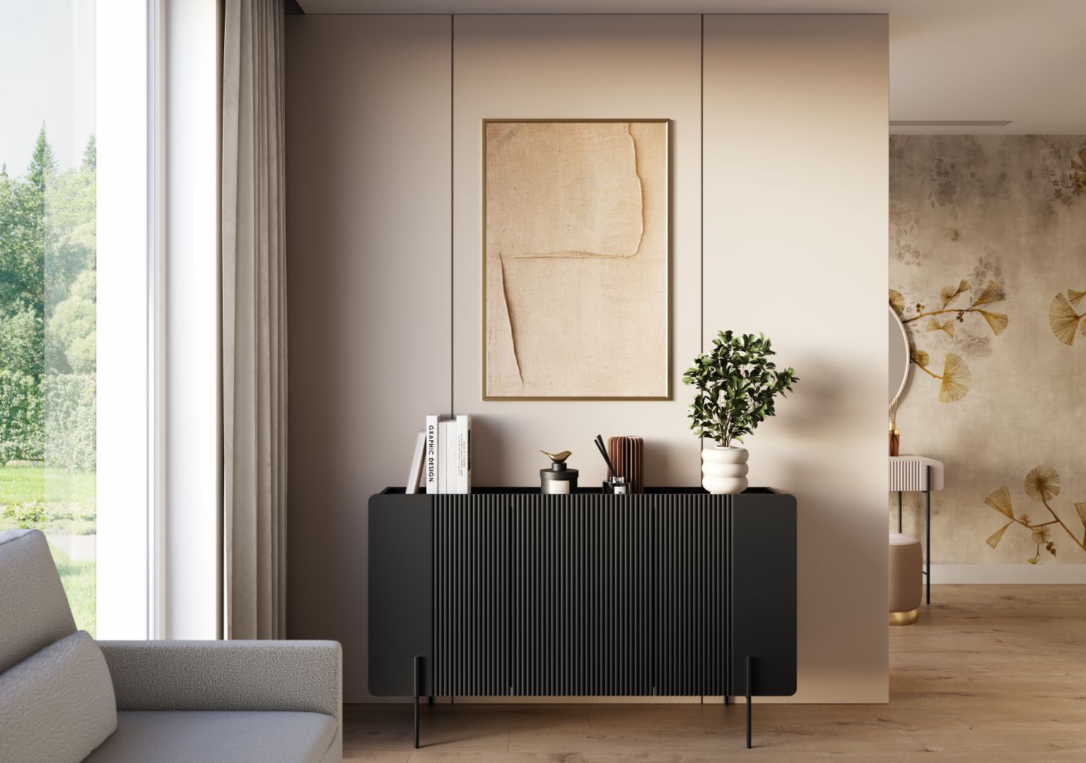 Malmi Kommode 150 cm, 3 Türen und 3 Einlegeböden, Material: MDF