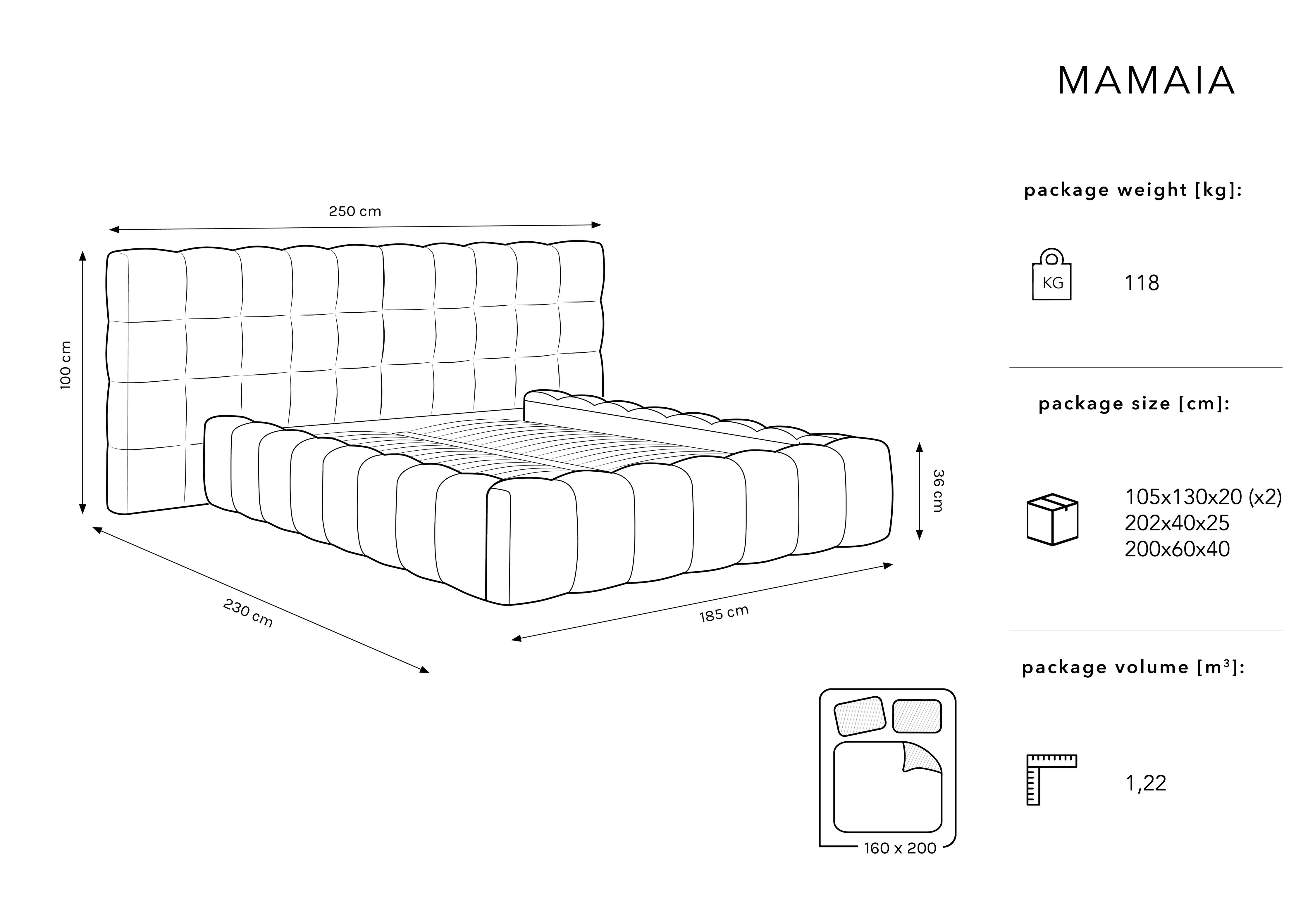 Mamaia Bettgestell mit doppeltem Kopfteil und Staufach