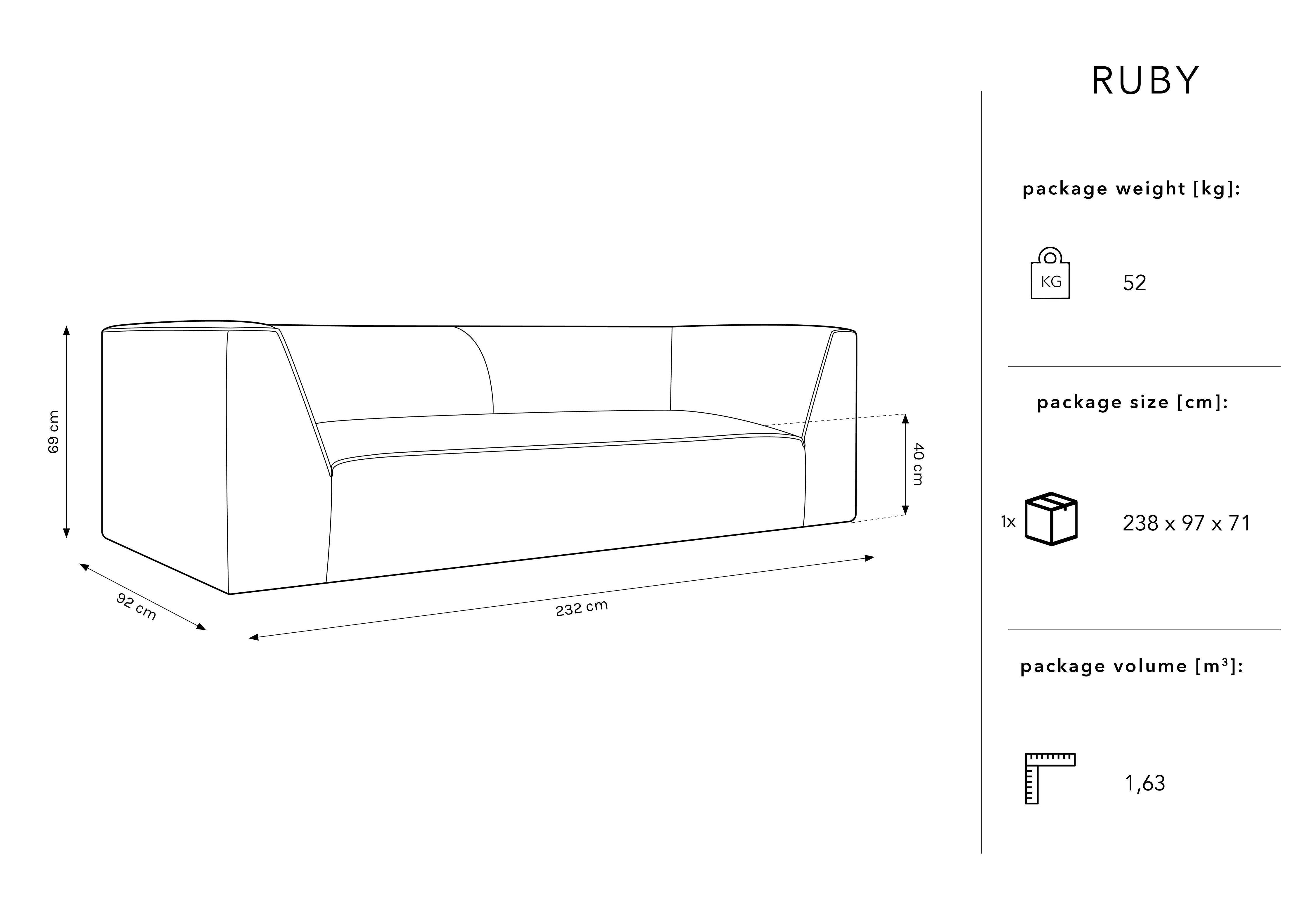 Sofa Ruby, 3 Sitze, 232x92cm, Material: Cord