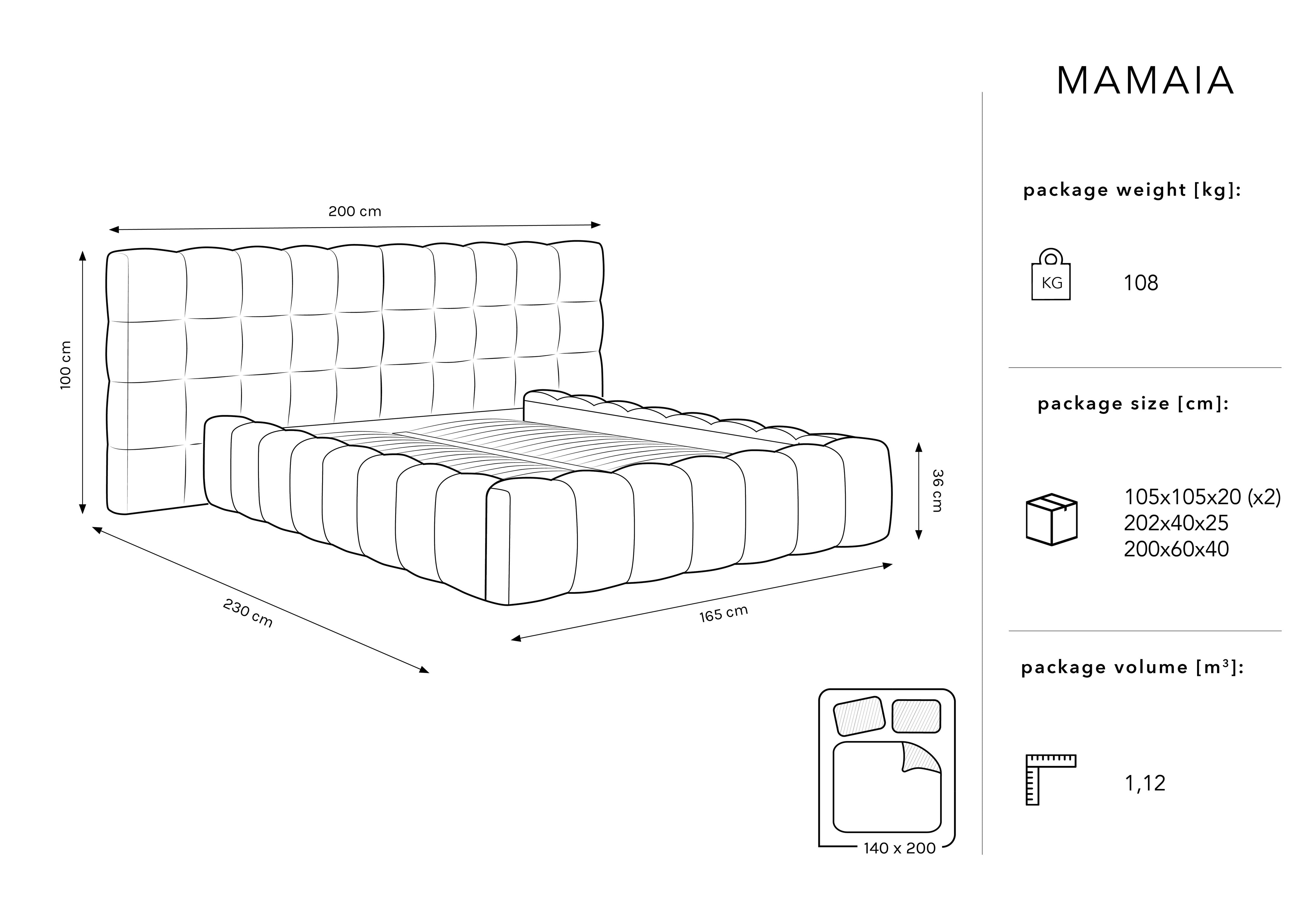 Mamaia Bettgestell mit doppeltem Kopfteil und Staufach