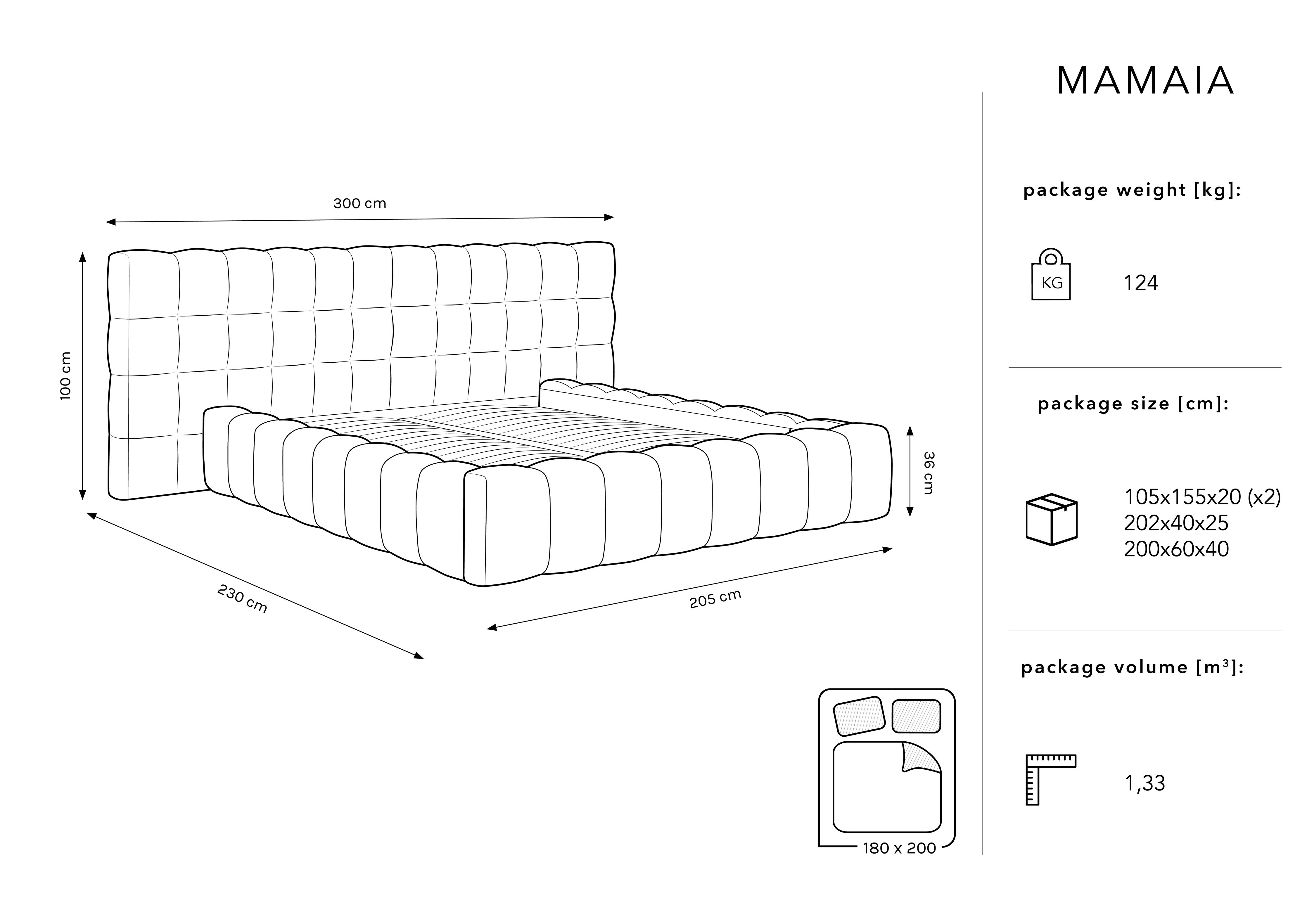 Mamaia Bettgestell mit doppeltem Kopfteil und Staufach