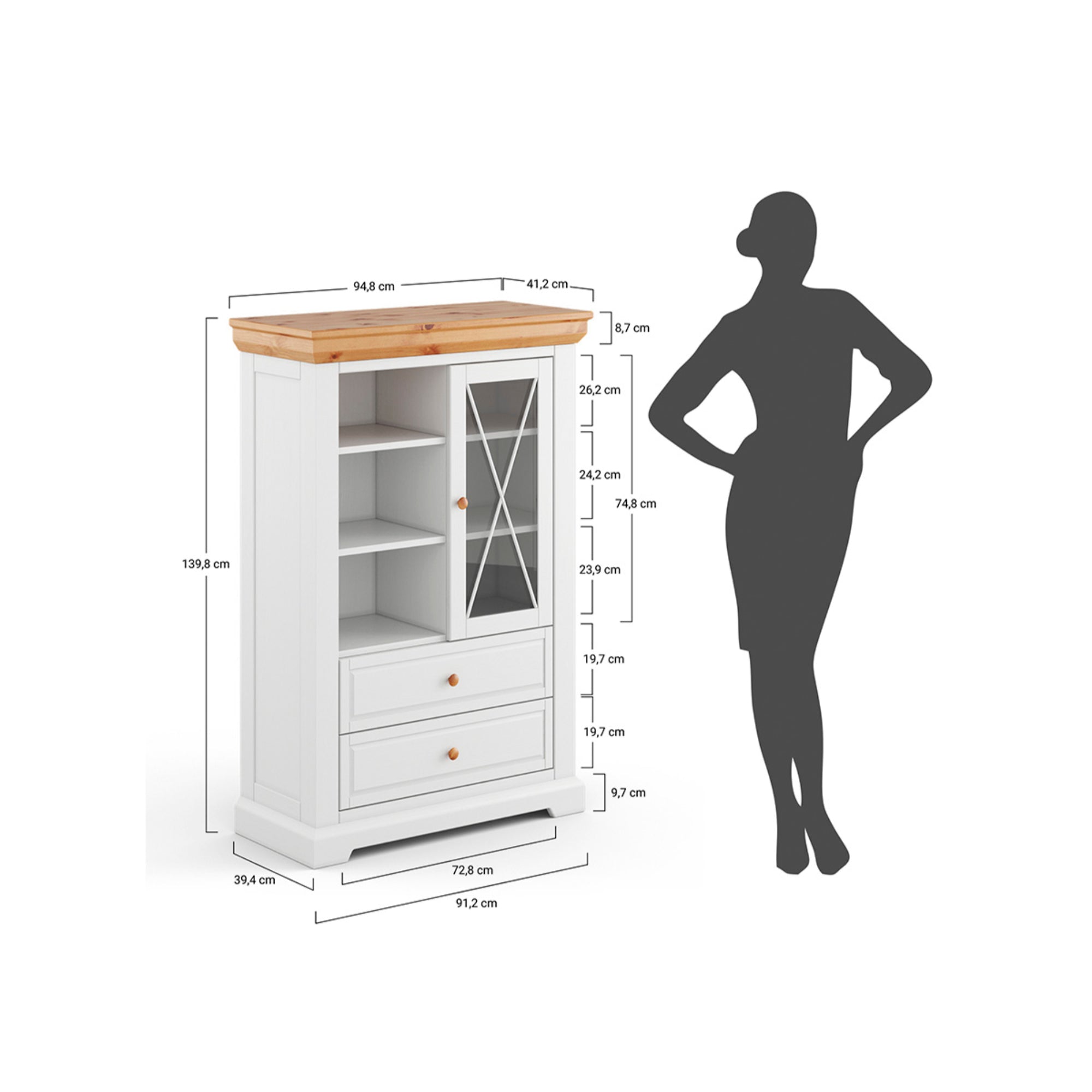 Vitrine Marone 41,2x139,8 cm, Material: Massives Kiefernholz