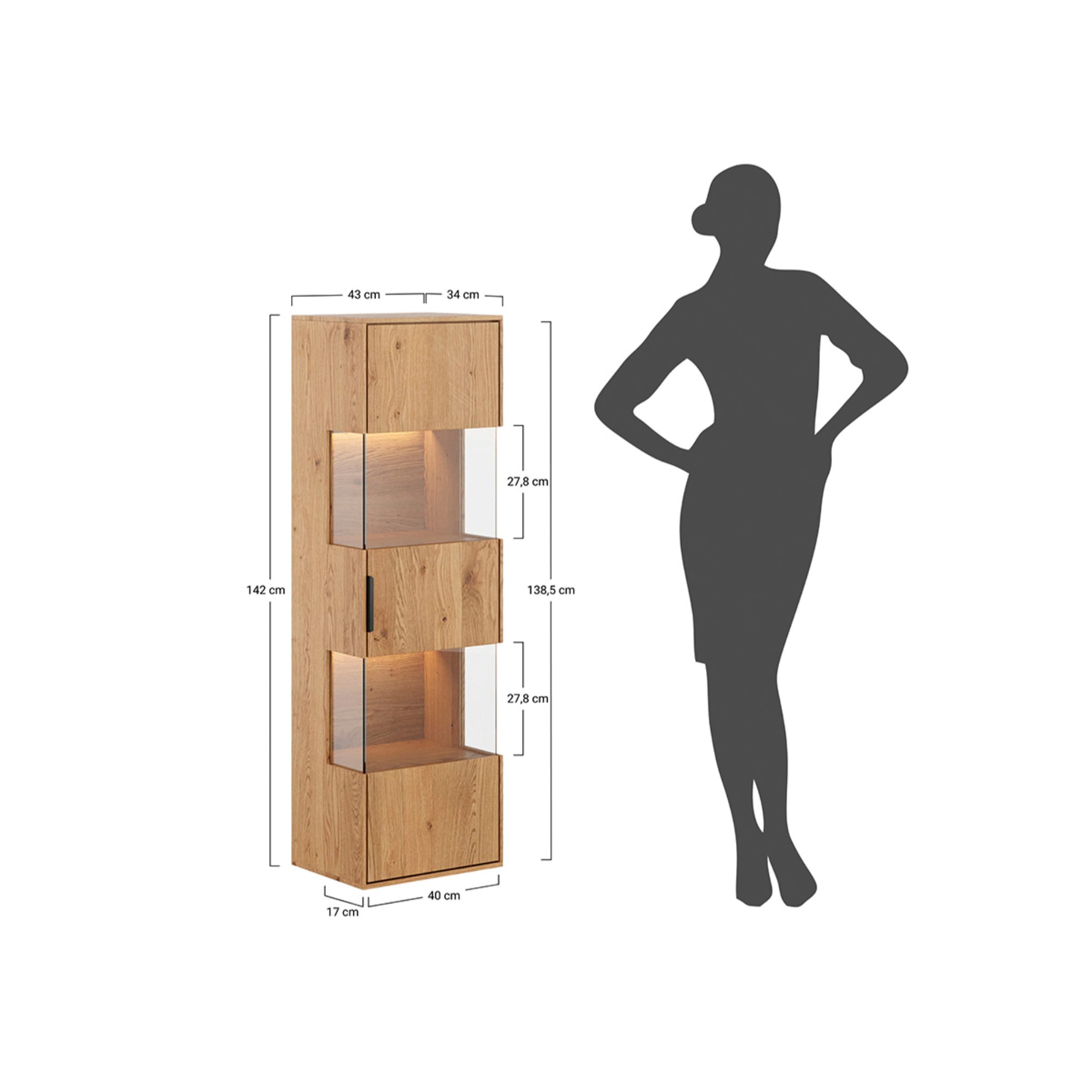 Vitrine Tirano 33x142 cm, Material: Massivholz Eiche