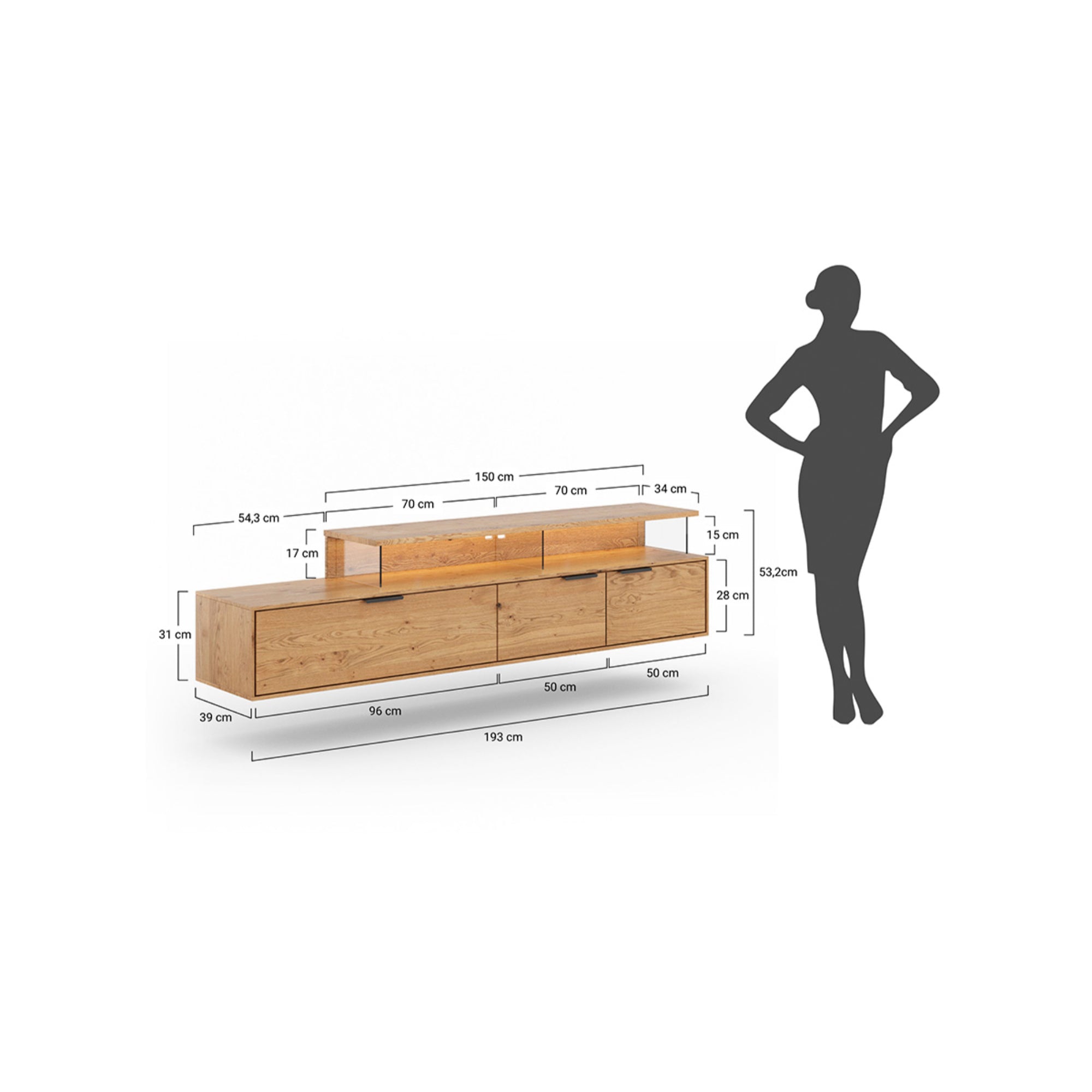 TV Kommode Tirano 200x39 cm, Material: Massivholz Eiche