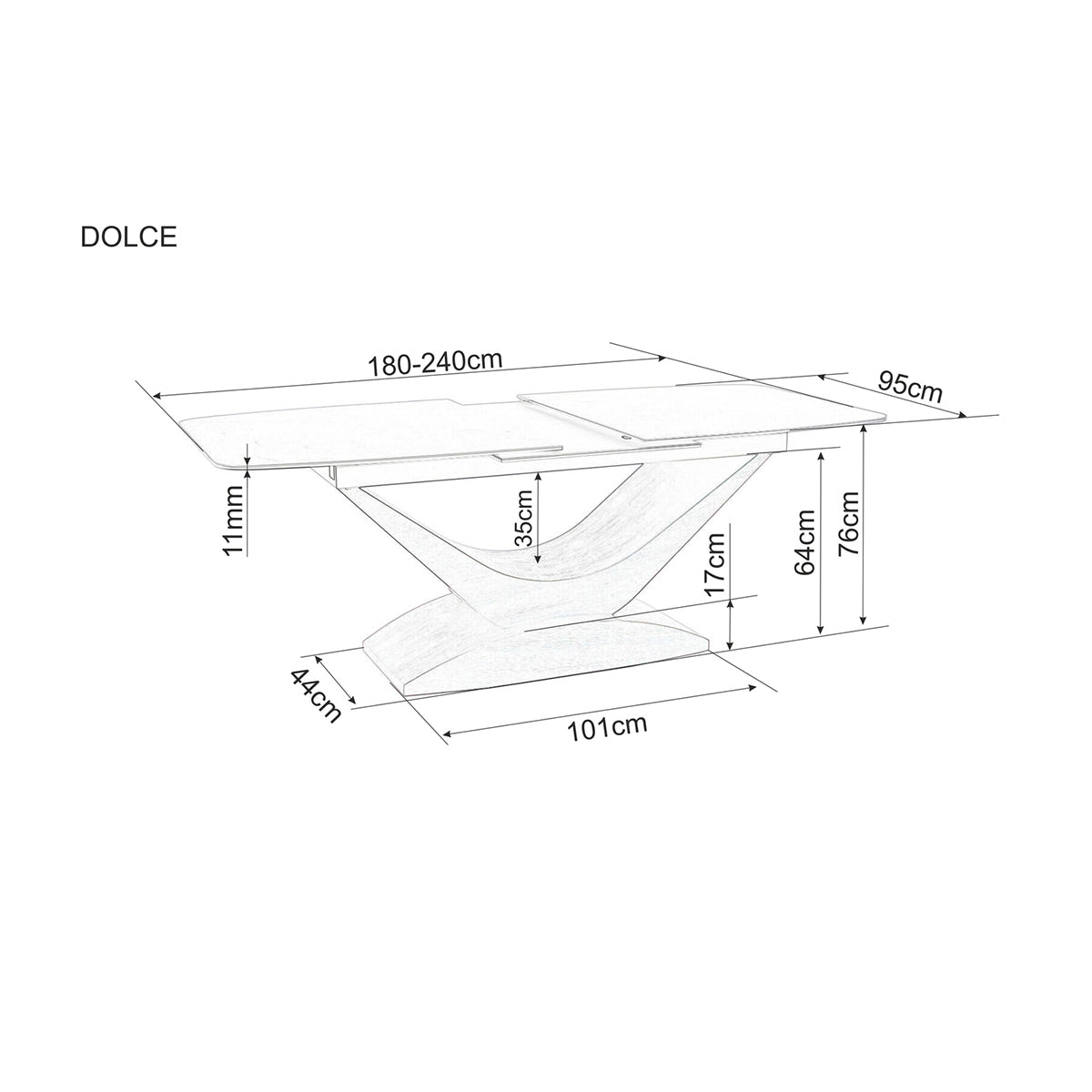 Esstisch Dolce 180/240x95cm, Material: Gehärtetes Glas, Keramik