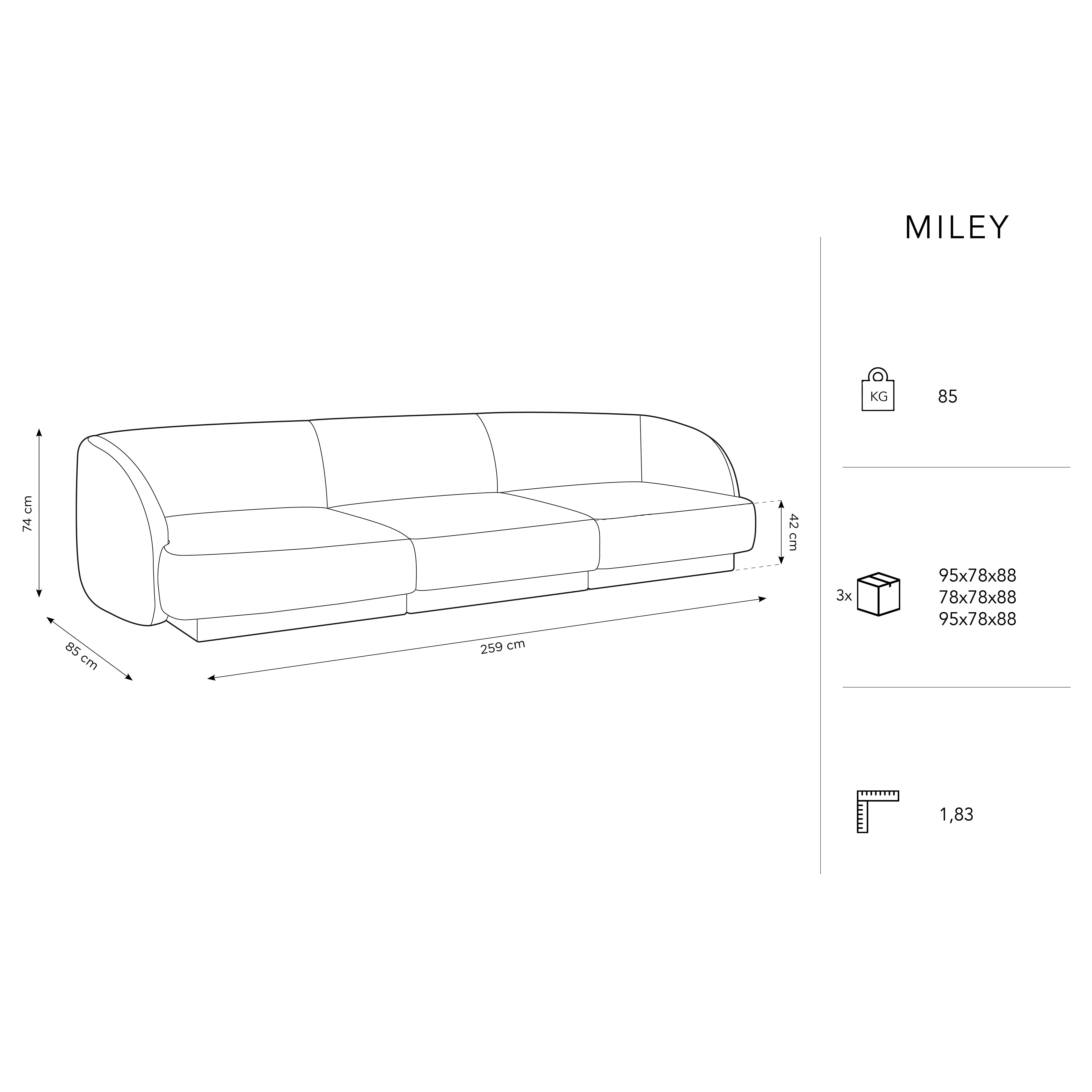 Sofa Miley 255x90cm, Material: Samt