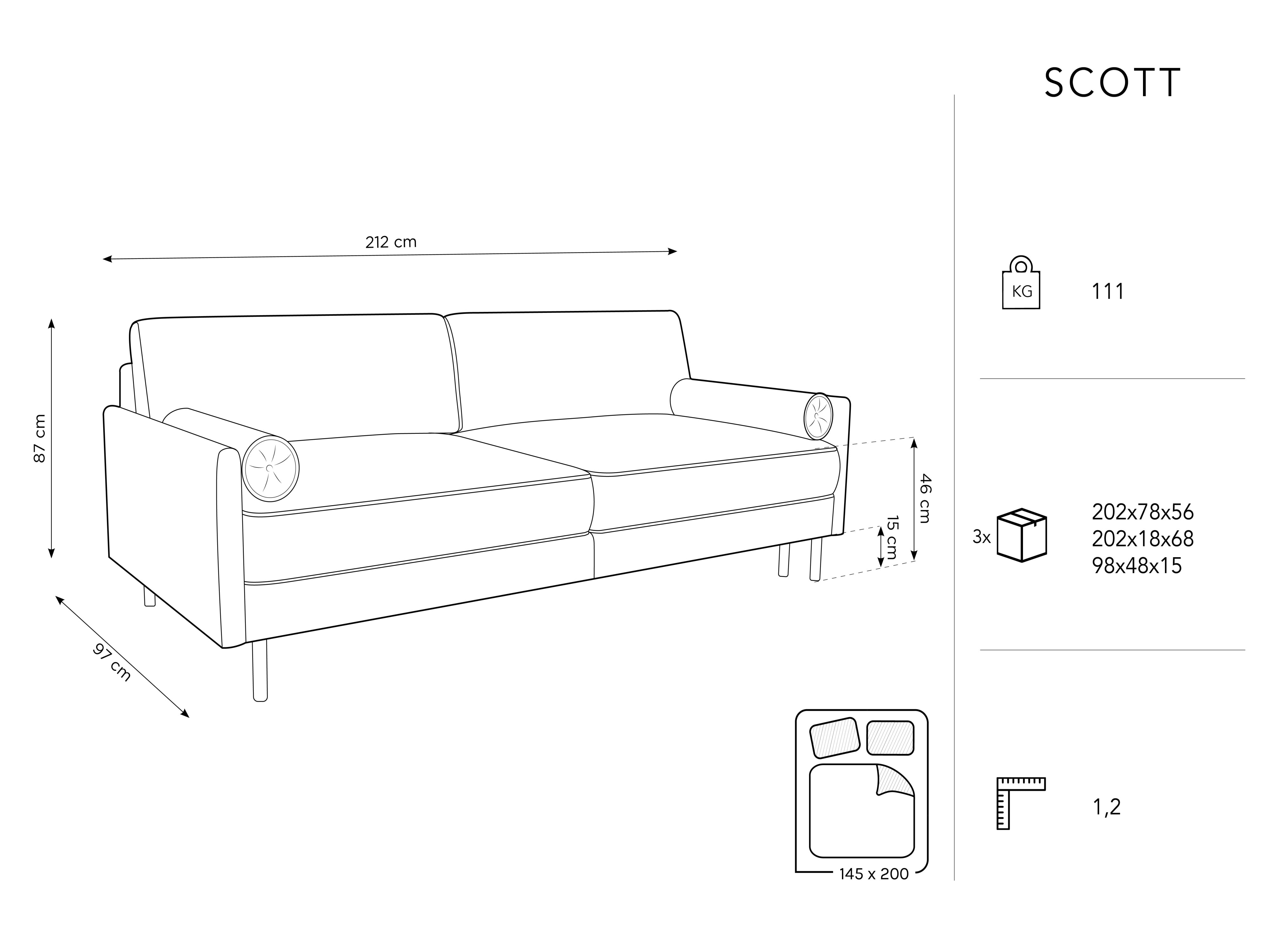 Scott Sofa, 3 Sitze, 212x97cm, Material: Strukturstoff
