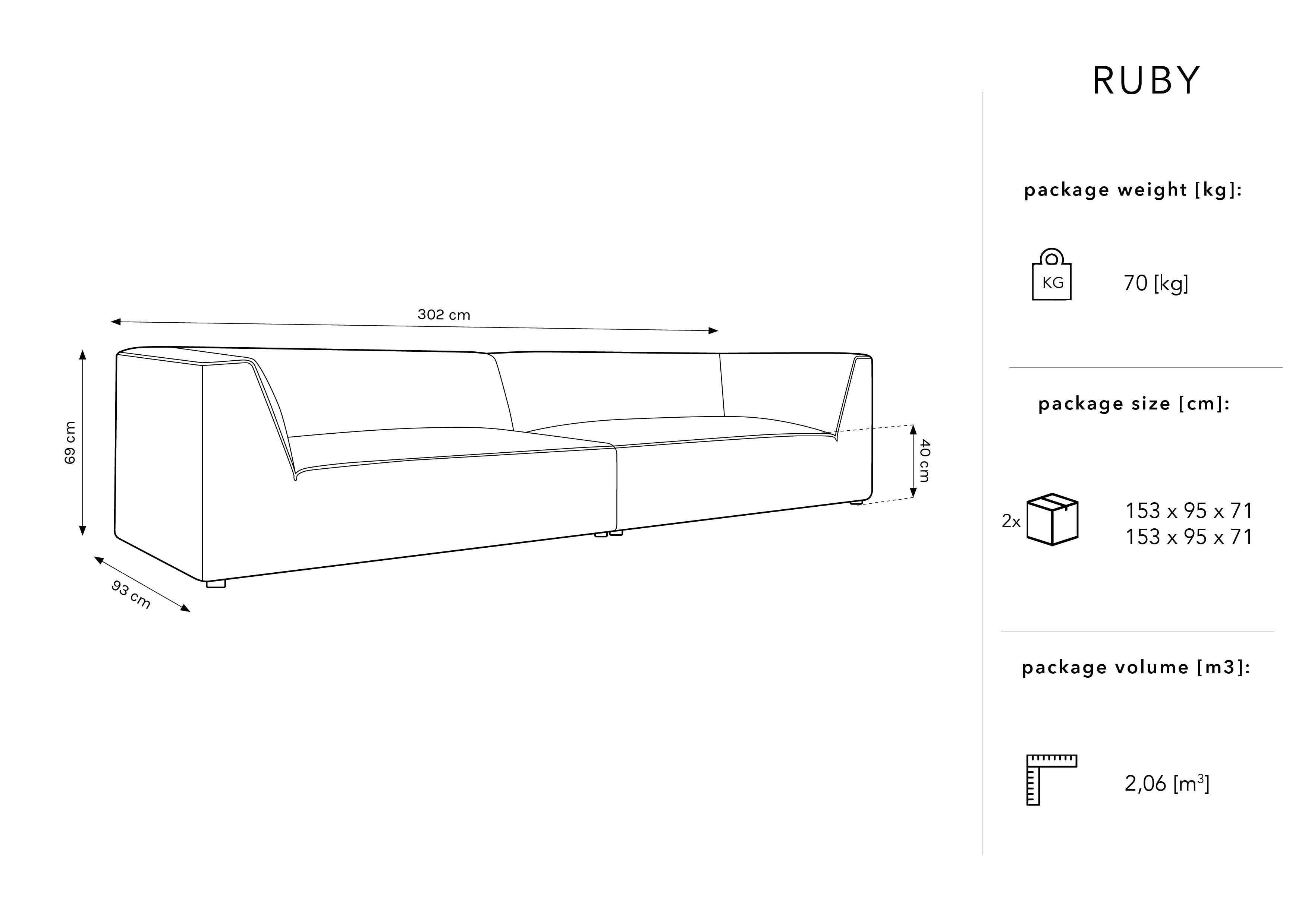 Sofa Ruby, 4 Sitze, 302x93cm, Material: Samt