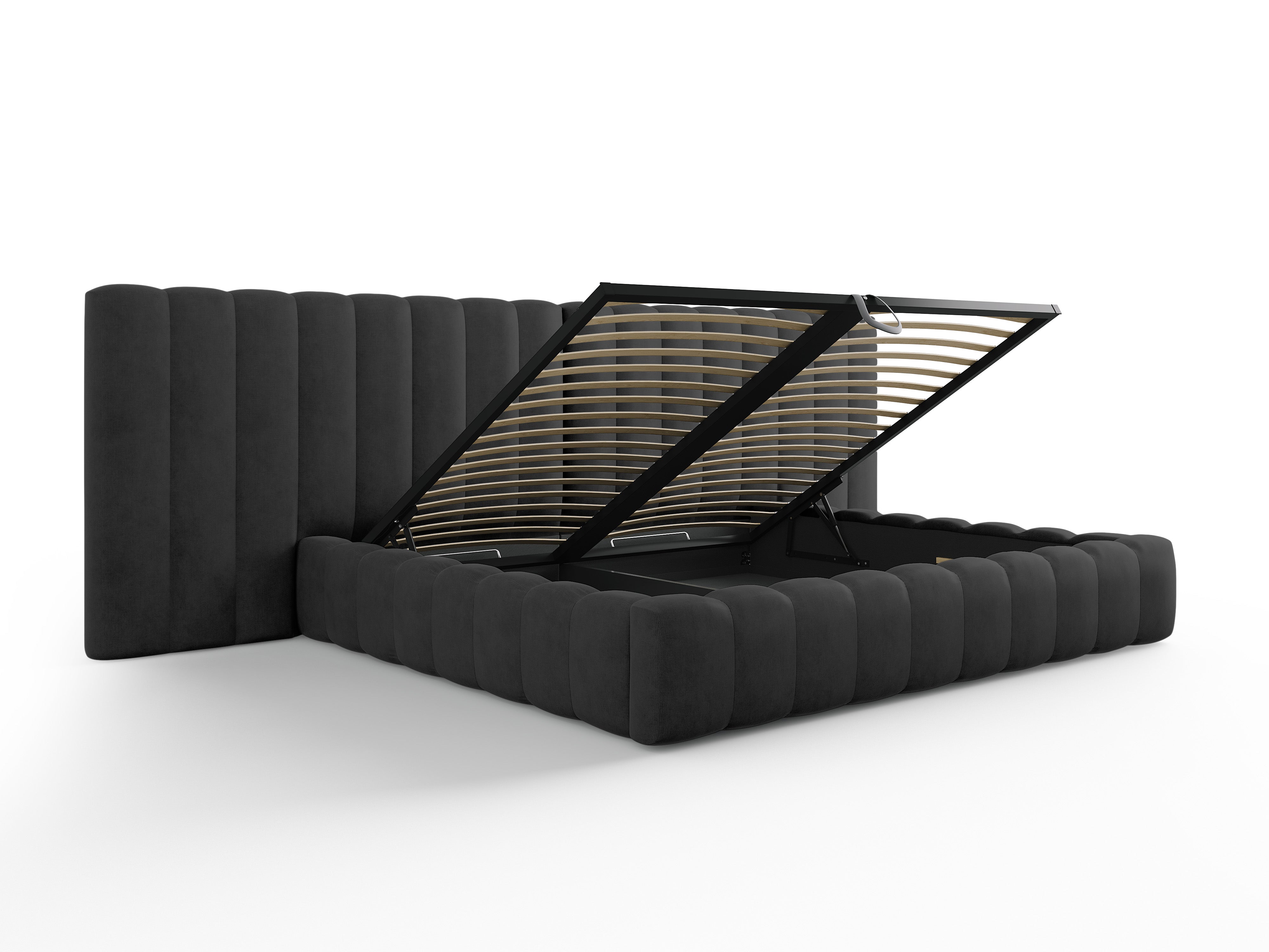Kelp Bett mit doppeltem Kopfteil und Stauraum, Material: Strukturstoff