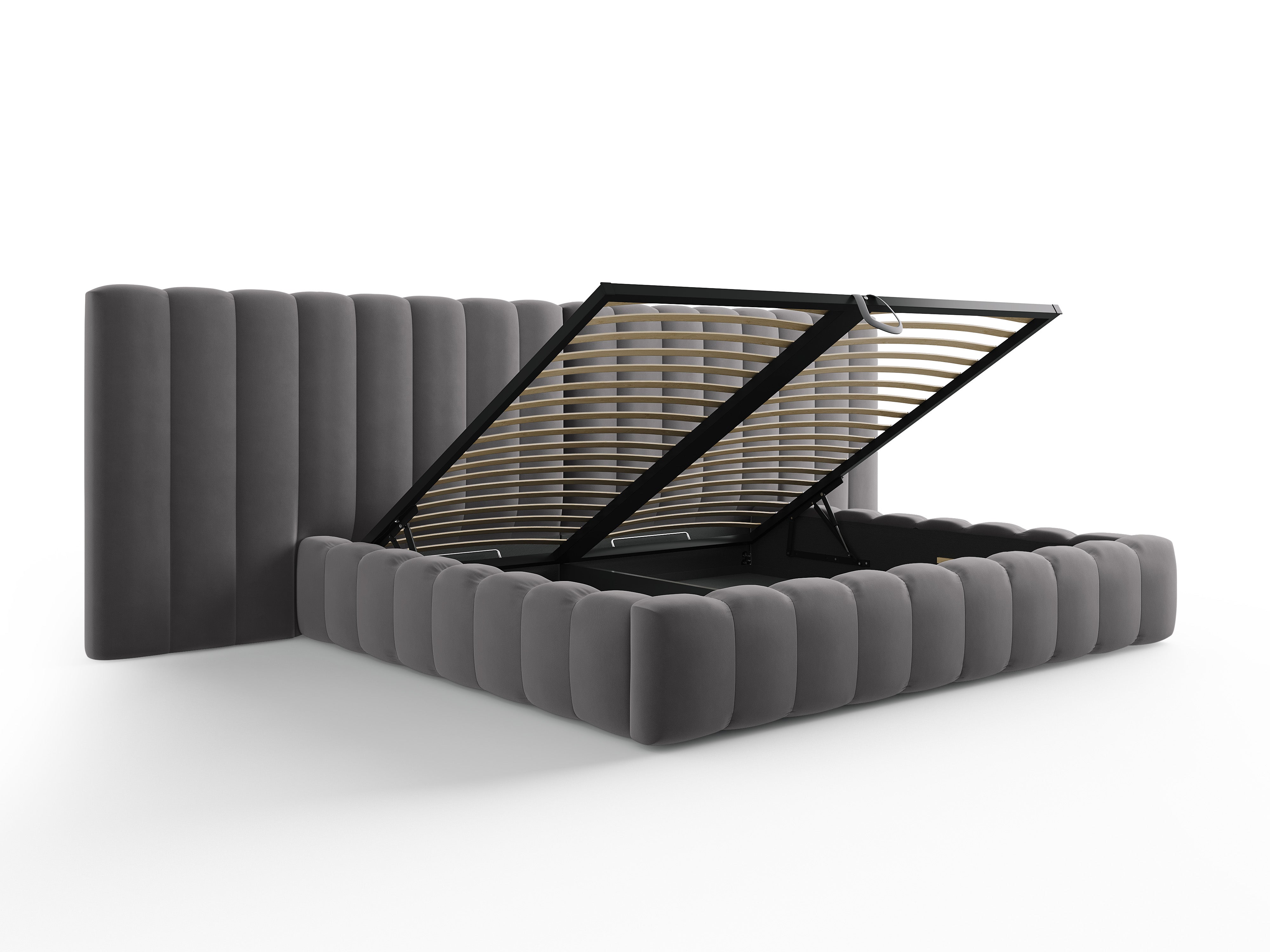 Kelp-Bett mit doppeltem Kopfteil und Aufbewahrungsbehälter, Material: Samt