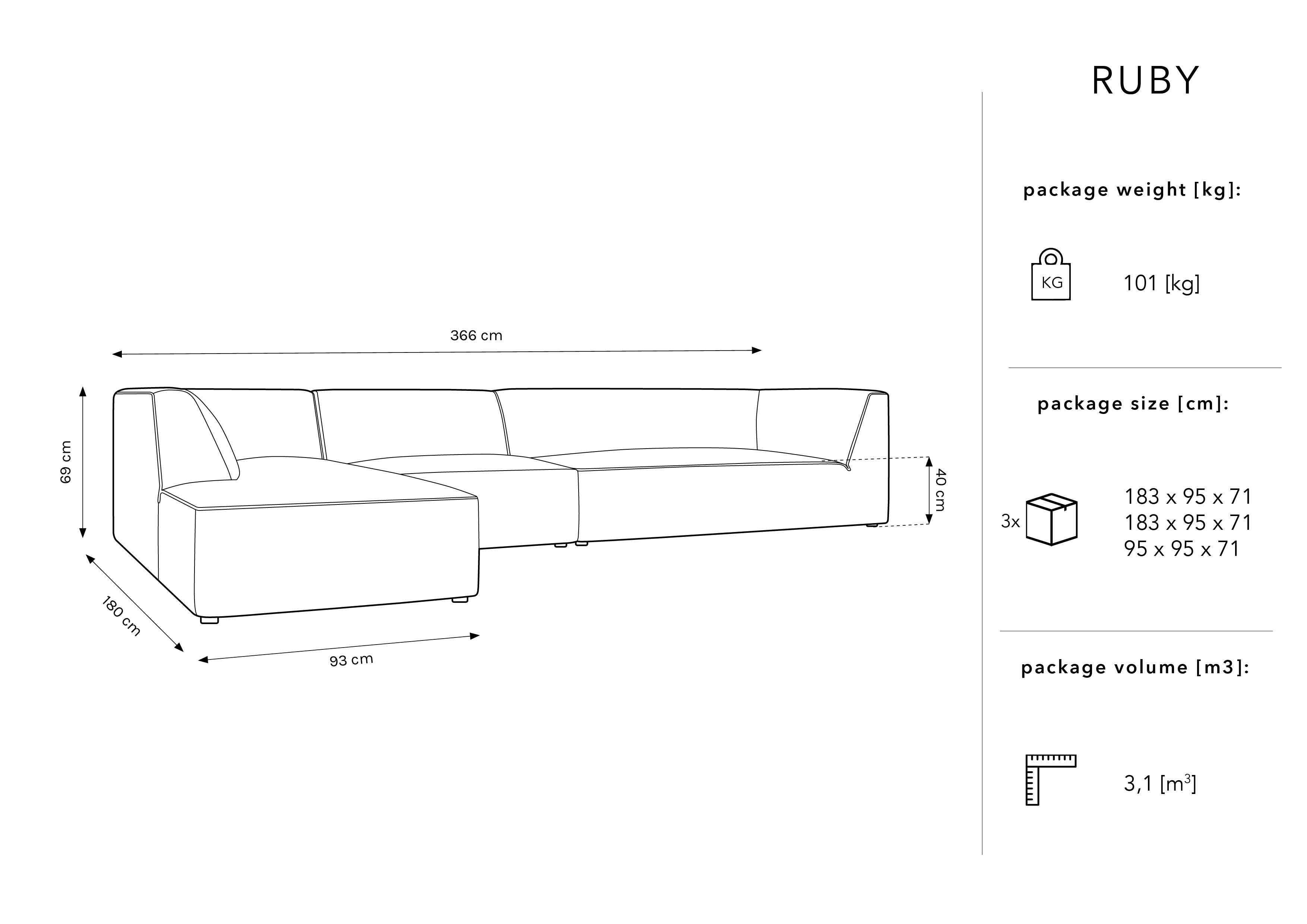 Ecksofa Ruby, 5 Sitze, 366x180cm, Material: Cord