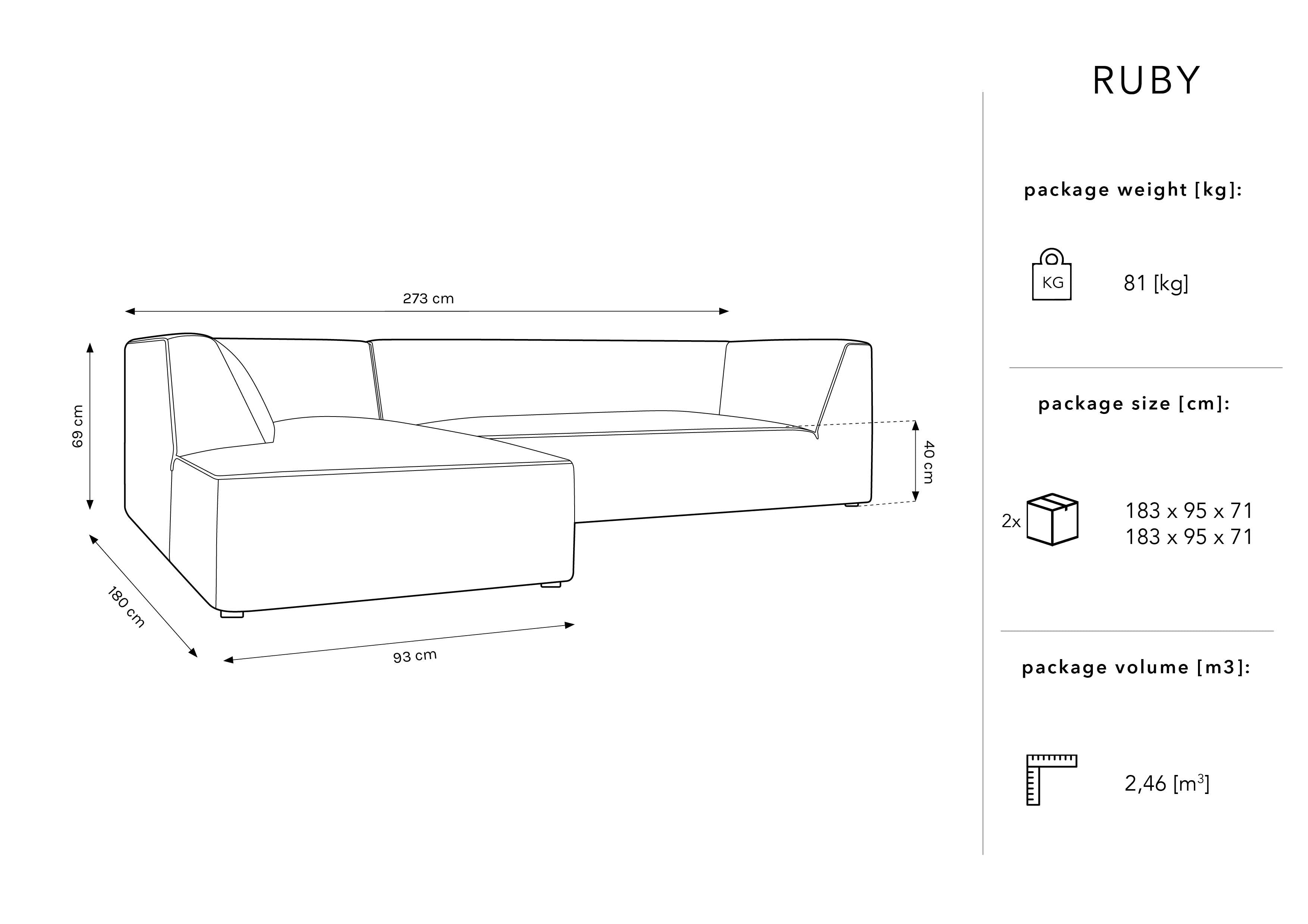 Ecksofa Ruby, 4 Sitze, 273x180cm, Material: Samt