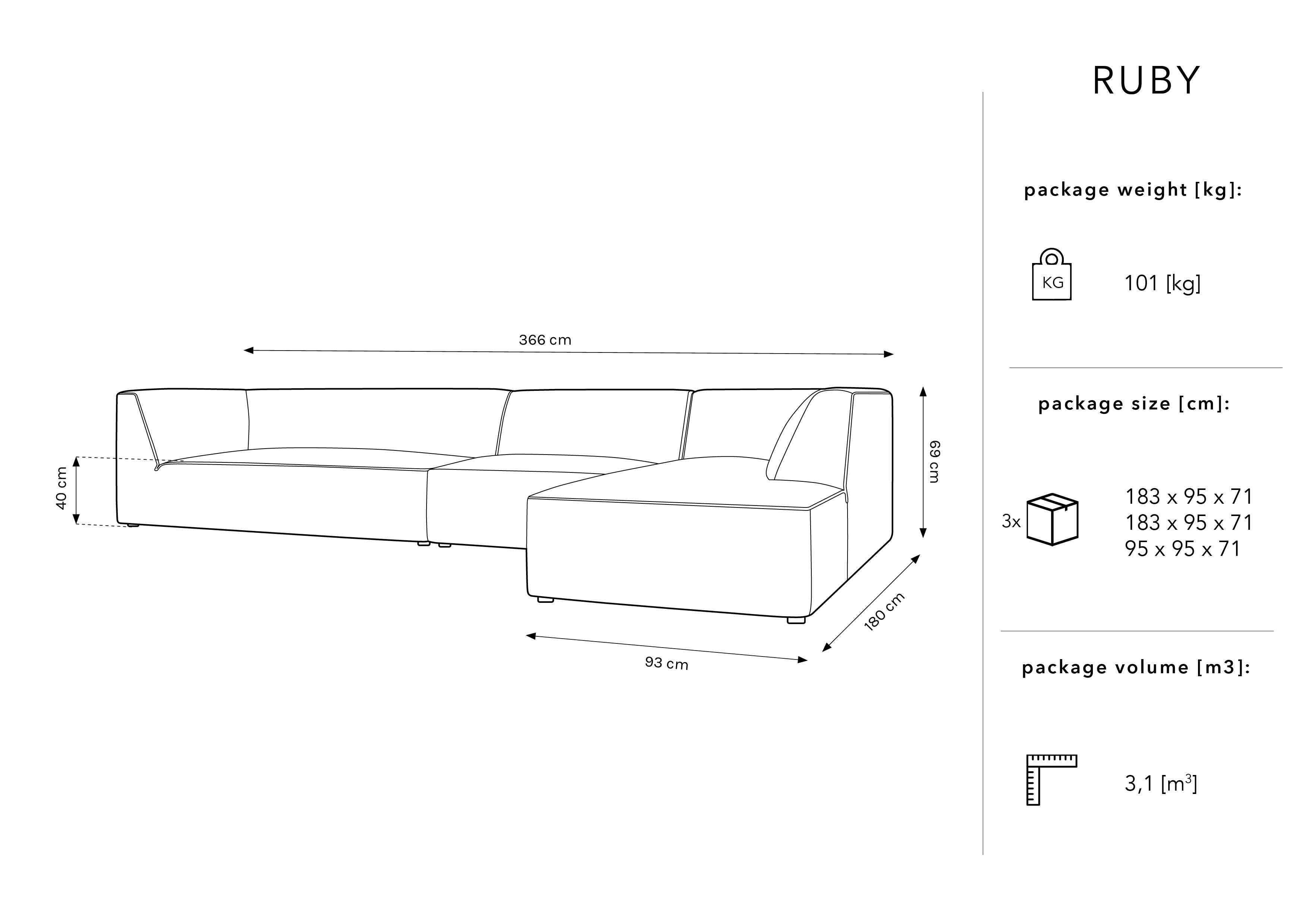 Ecksofa Ruby, 5 Sitze, 366x180cm, Material: Cord