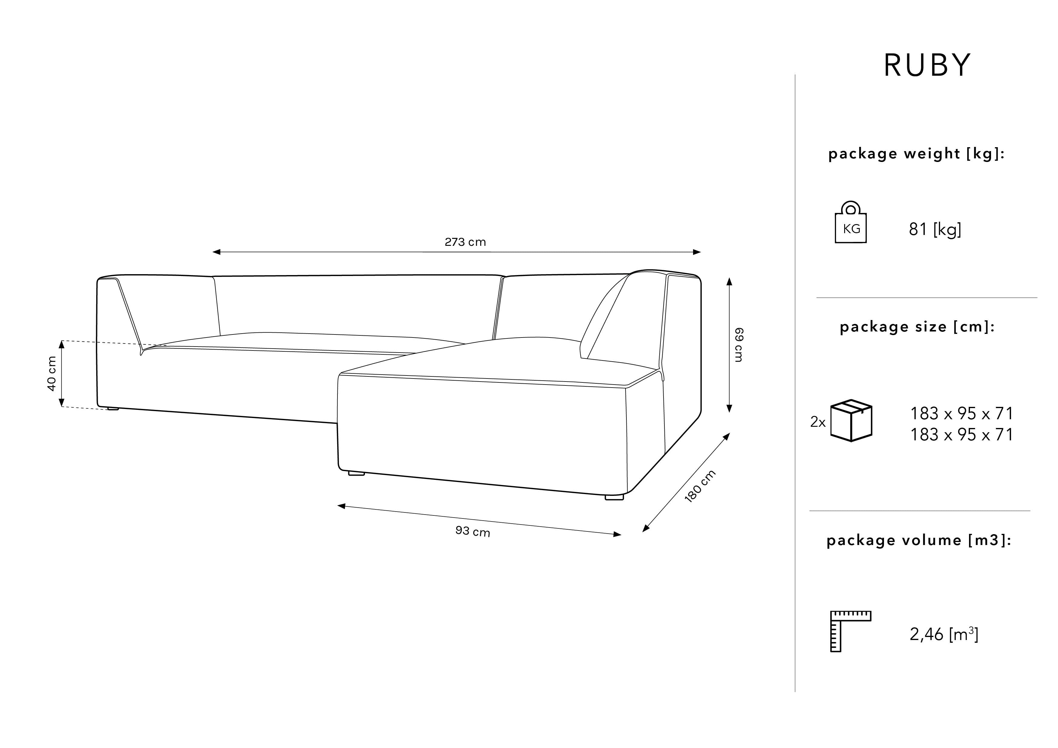 Ecksofa Ruby, 4 Sitze, 273x180cm, Material: Samt