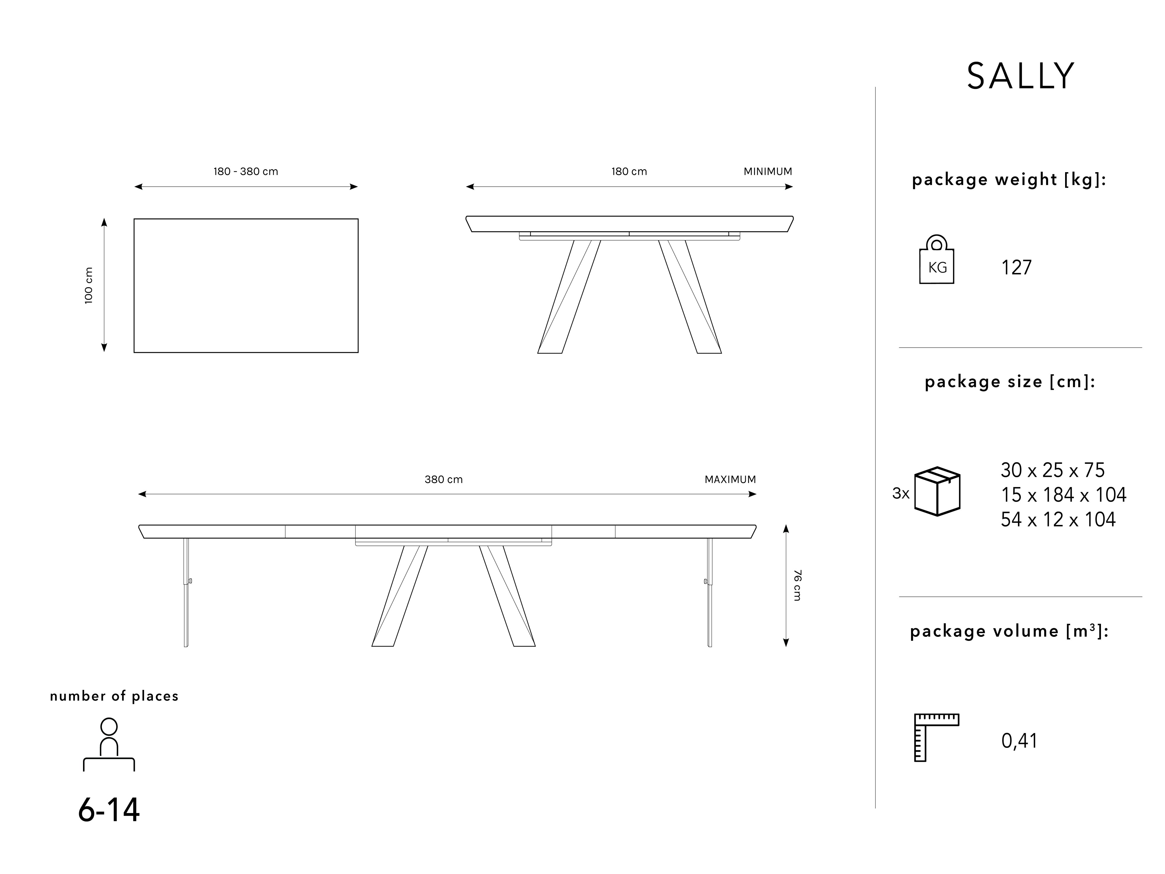 Ausziehbarer Esstisch Sally, 180/380x100x76cm, Material: Holz