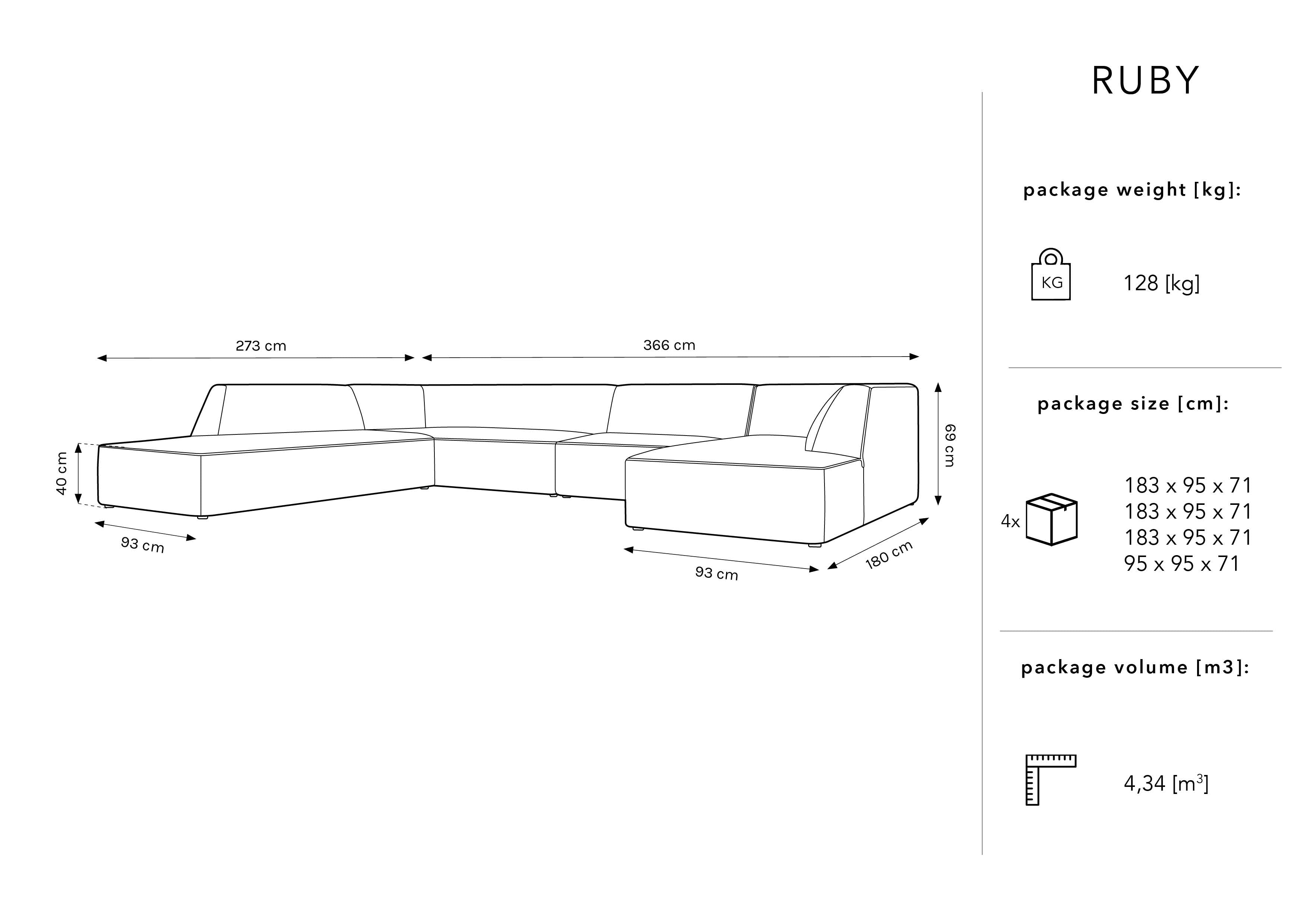 Ecksofa Ruby, 7 Sitze, 366x273cm, Material: Cord
