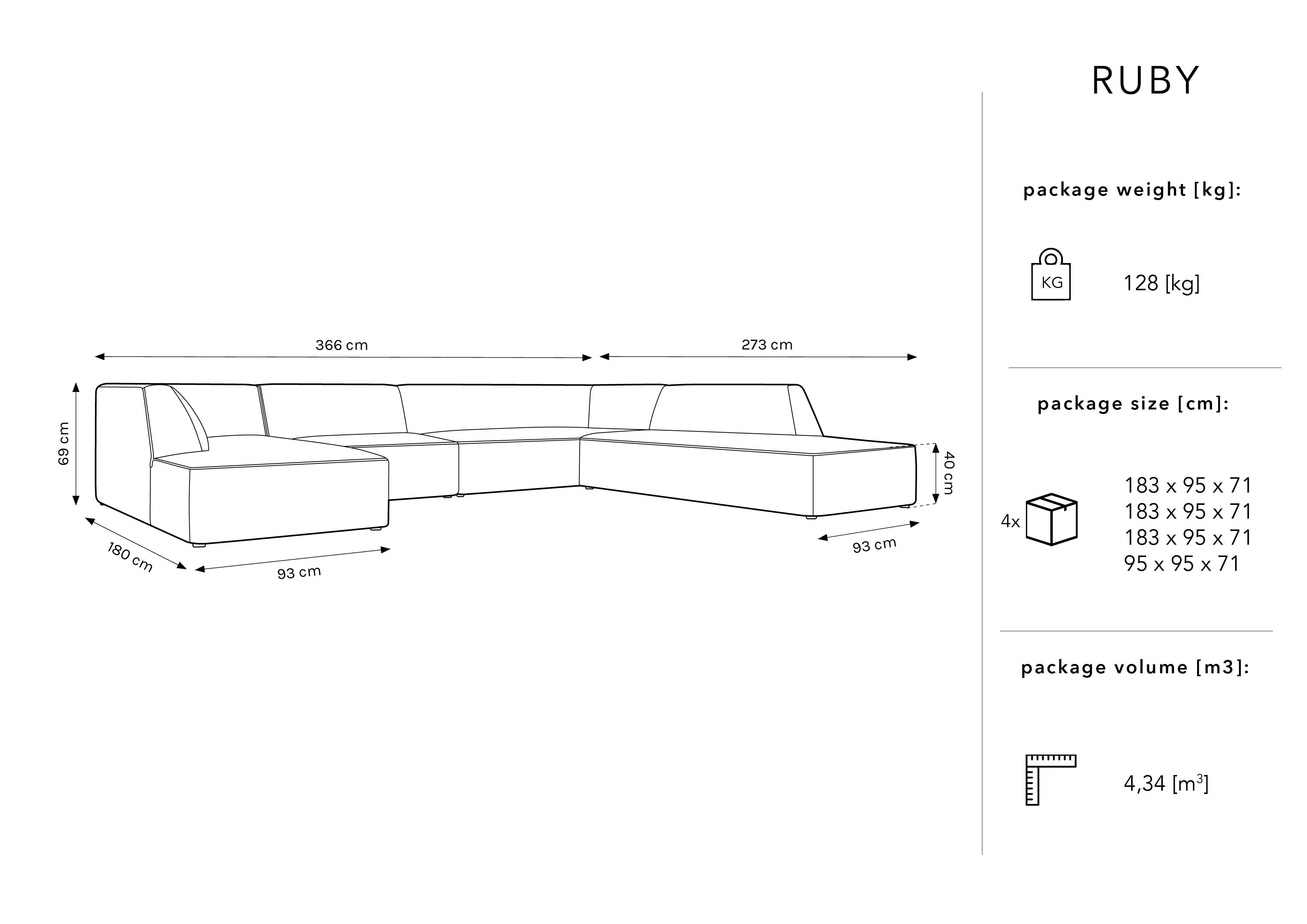 Ecksofa Ruby, 7 Sitze, 366x273cm, Material: Cord