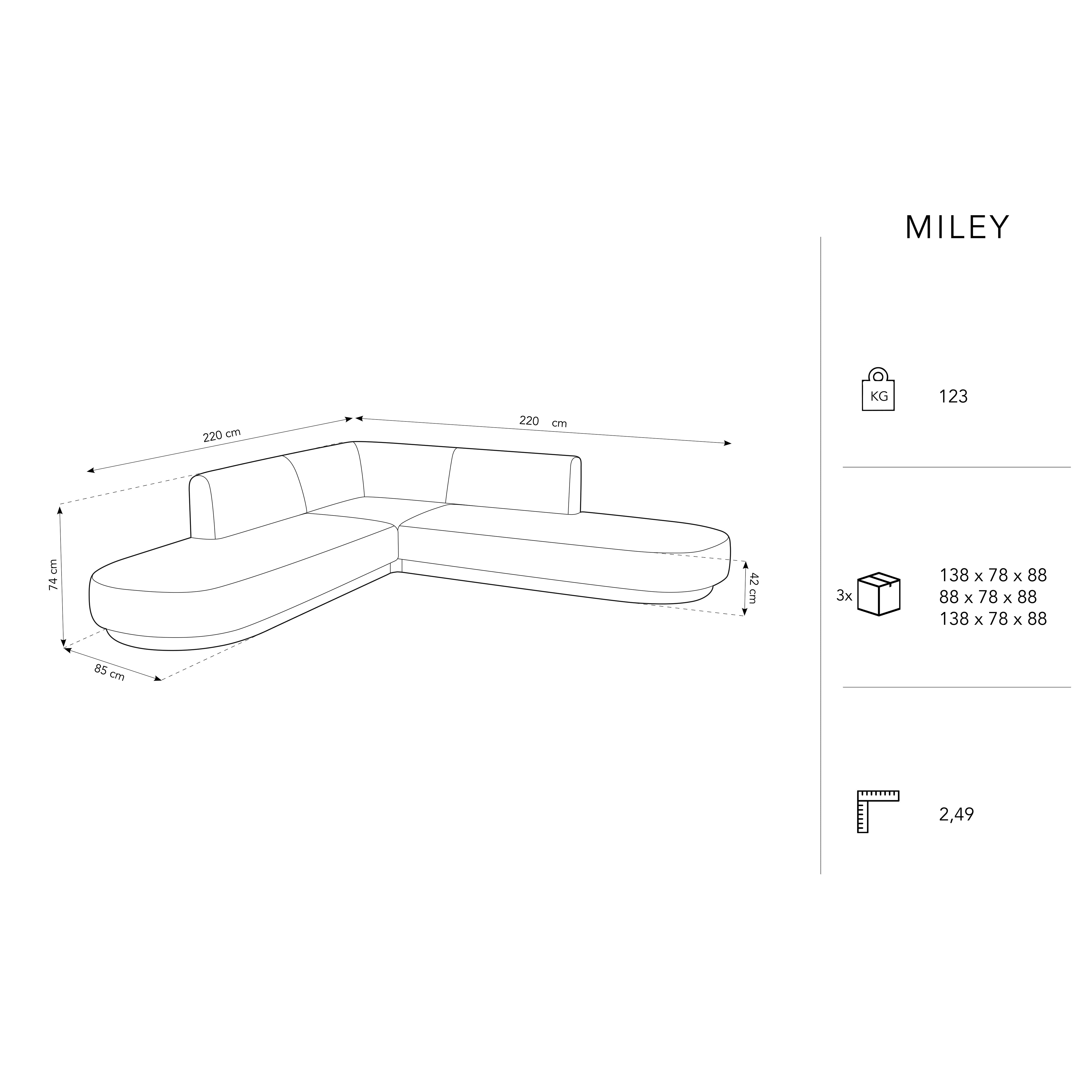 Ecksofa Miley abgerundet, 248x248cm, Material: Samt