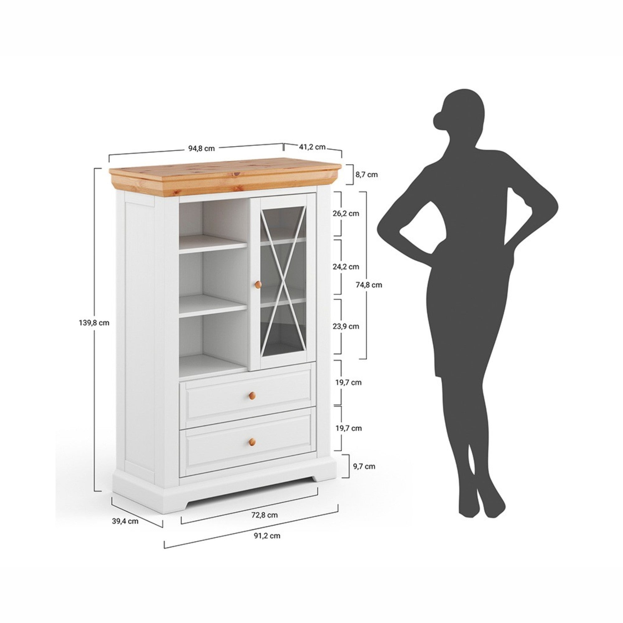 Vitrine Marone 41,2x139,8 cm, Material: Massives Kiefernholz